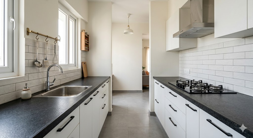 Interior view of a 7 × 9 foot parallel galley kitchen in an Indian 2BHK apartment, with stainless sink under a window letting in soft morning light on the left counter and a built-in hob with storage cabinets below on the right counter, white matt laminate shutters with slim black aluminium handles, dark Kota stone countertops, and a stainless wall-mounted exhaust hood above the hob