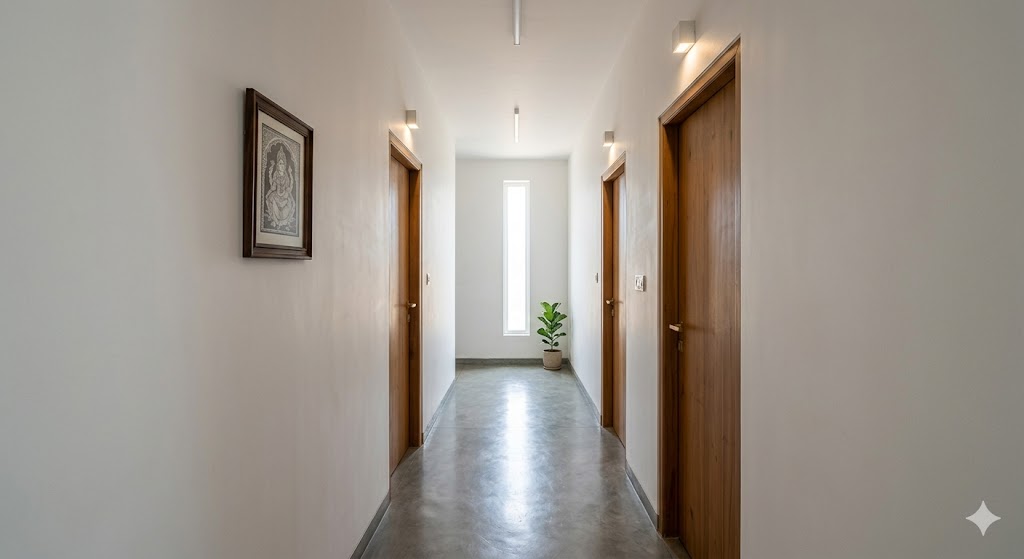 A 1.1 metre wide private corridor in a 3BHK Indian home connecting the public living zone to three bedroom doors — polished cement flooring, plain white plastered walls, three flush teak doors on the right wall at evenly spaced positions, a single small framed Tanjore-style sketch on the left wall, recessed wall lights over each door, and daylight at the far end from a vertical slot window