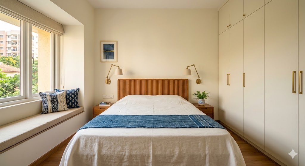 Master bedroom suite in a 3BHK Indian home framed to show the bedroom-to-dressing-to-bath flow — king bed with a fluted teak headboard on the left, a doorless opening in the middle revealing the dressing area with a full-height teak wardrobe wall and a small brass-framed vanity, and the master bath glimpsed beyond through a frosted-glass sliding door, with polished cement flooring continuous through all three zones