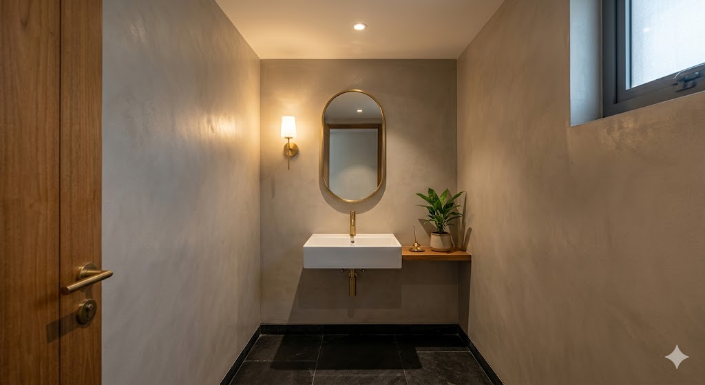 Compact 3 × 5 foot powder room near the entry of an Indian 3BHK with honed Kadappa black-limestone flooring, micro-textured warm-grey plaster walls, a wall-hung white ceramic sink with a single brass tap, an oval brass-framed mirror above, a single brass wall sconce beside the mirror, and a small Aspidistra plant on a teak ledge — illustrating how a small floor footprint can still deliver hotel-quality dignity