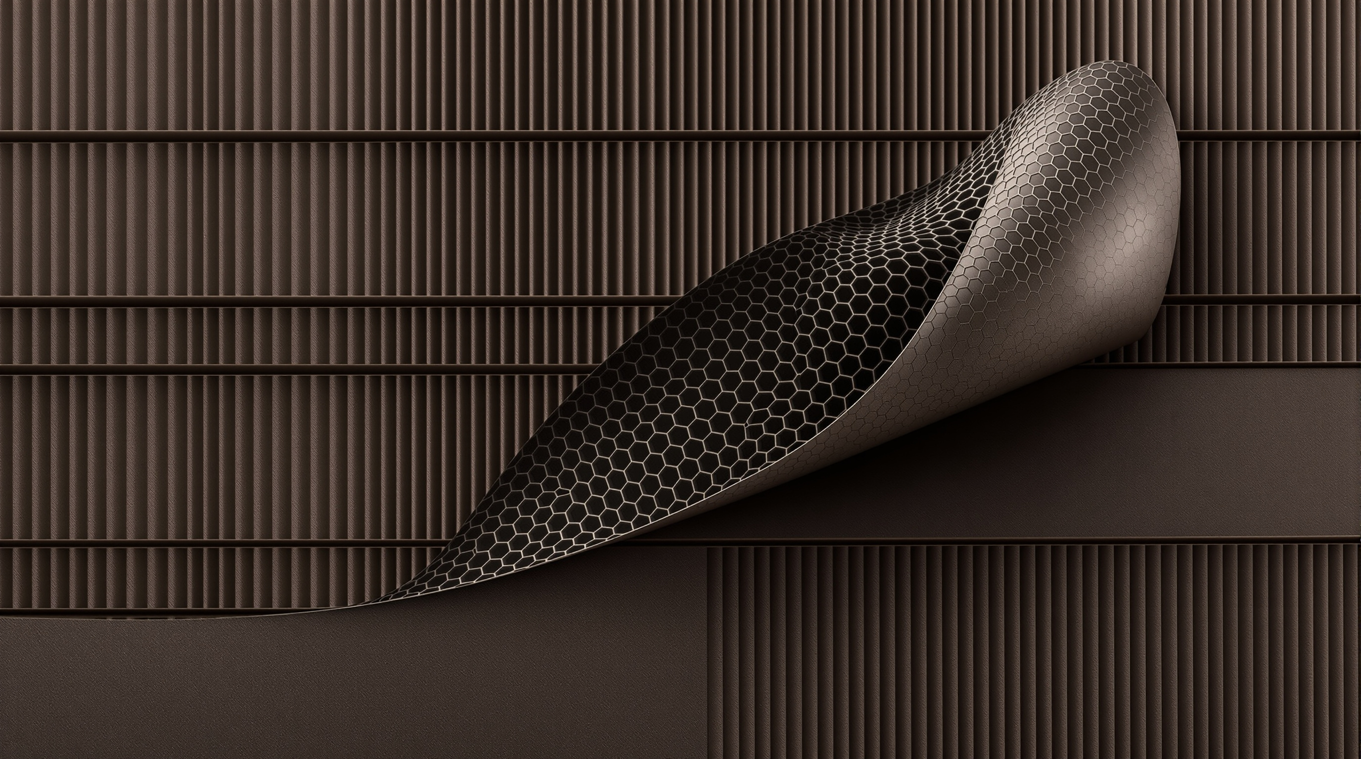 Close-up of a 3D-printed bioplastic wall panel from the canal house, showing the ridged horizontal print layers of the dark outer skin peeled back to reveal a dense internal honeycomb lattice of hexagonal cells