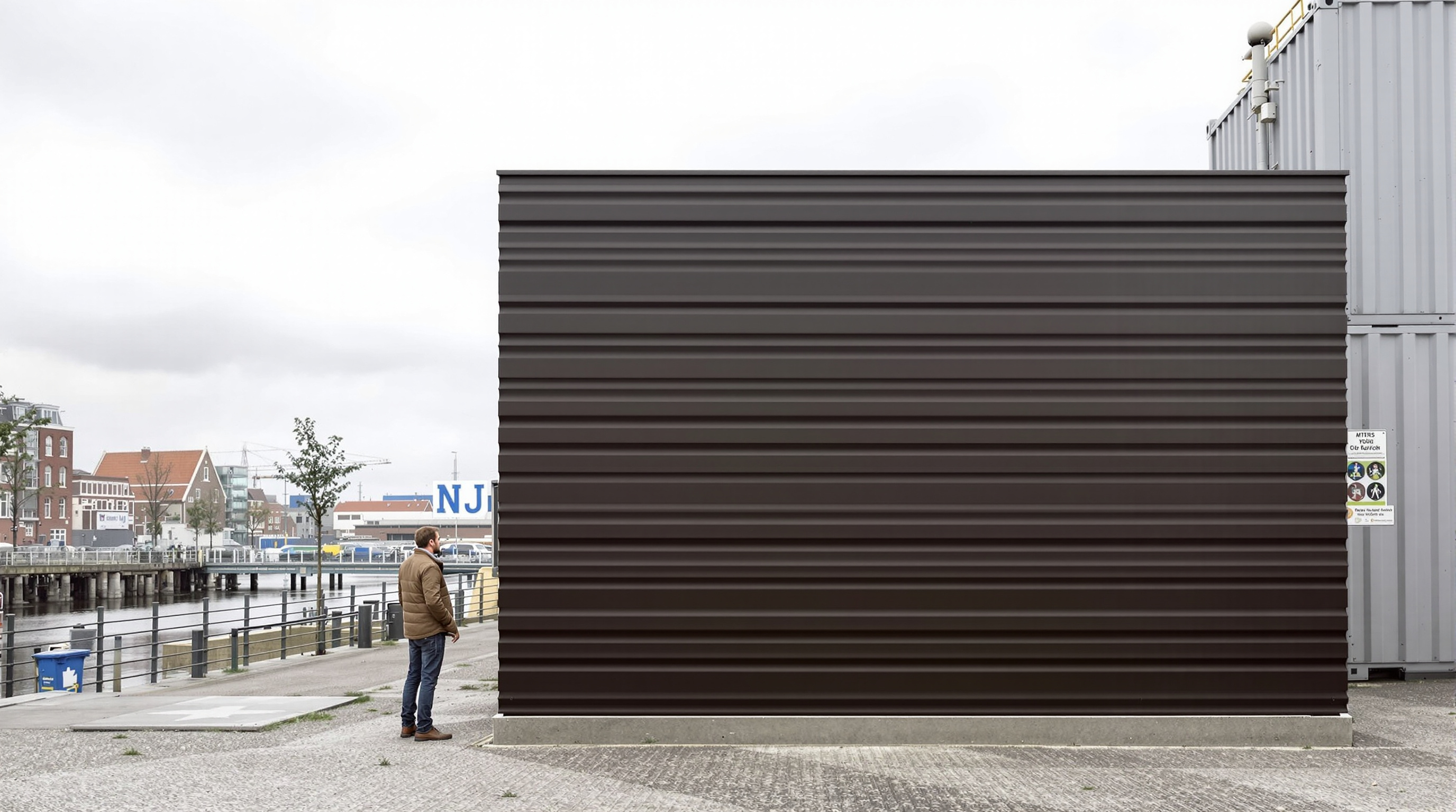 A visitor on the public 3D Print Canal House research site in Amsterdam-Noord, standing beside a full-height printed dark-brown bioplastic wall element with visible horizontal print ridges, the tall grey KamerMaker printer and the IJ waterway behind