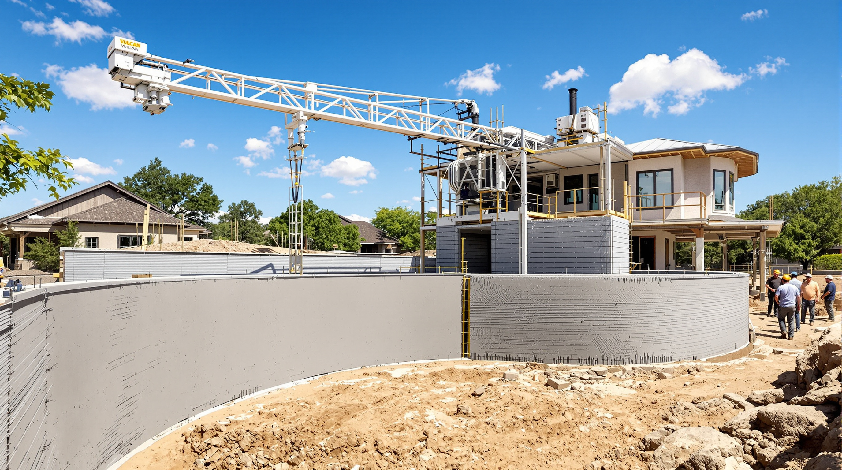 A gantry-style Vulcan construction 3D printer straddling a house foundation at Wolf Ranch, its nozzle extruding a continuous ribbon of grey Lavacrete along a curved wall path, printed layers already stacked waist-high, construction workers in hard hats installing rebar nearby under a bright Texas sky
