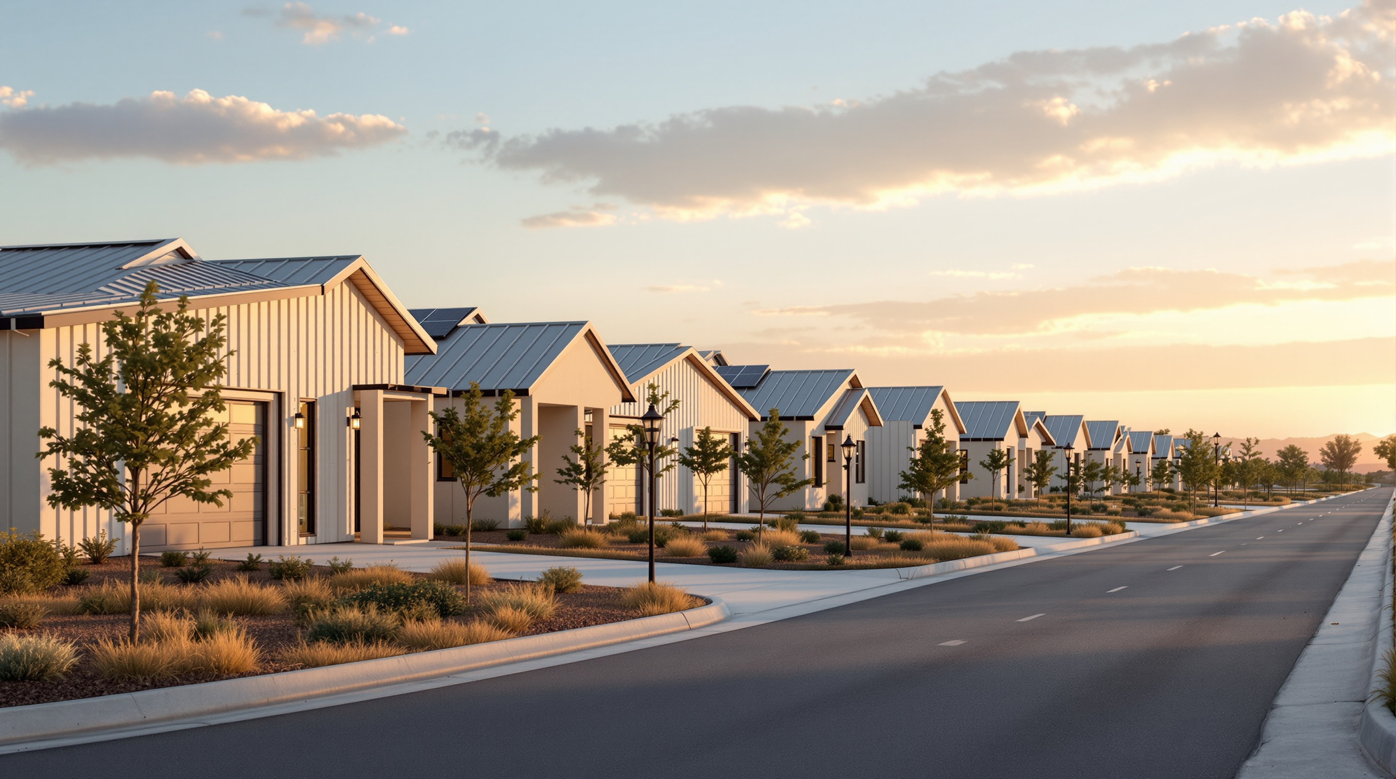 A completed Wolf Ranch neighbourhood street of single-storey 3D-printed homes with ridged pale-concrete walls, metal roofs and rooftop solar panels, native Texas landscaping and young trees between them, several houses lined along a gently curving suburban road at golden hour