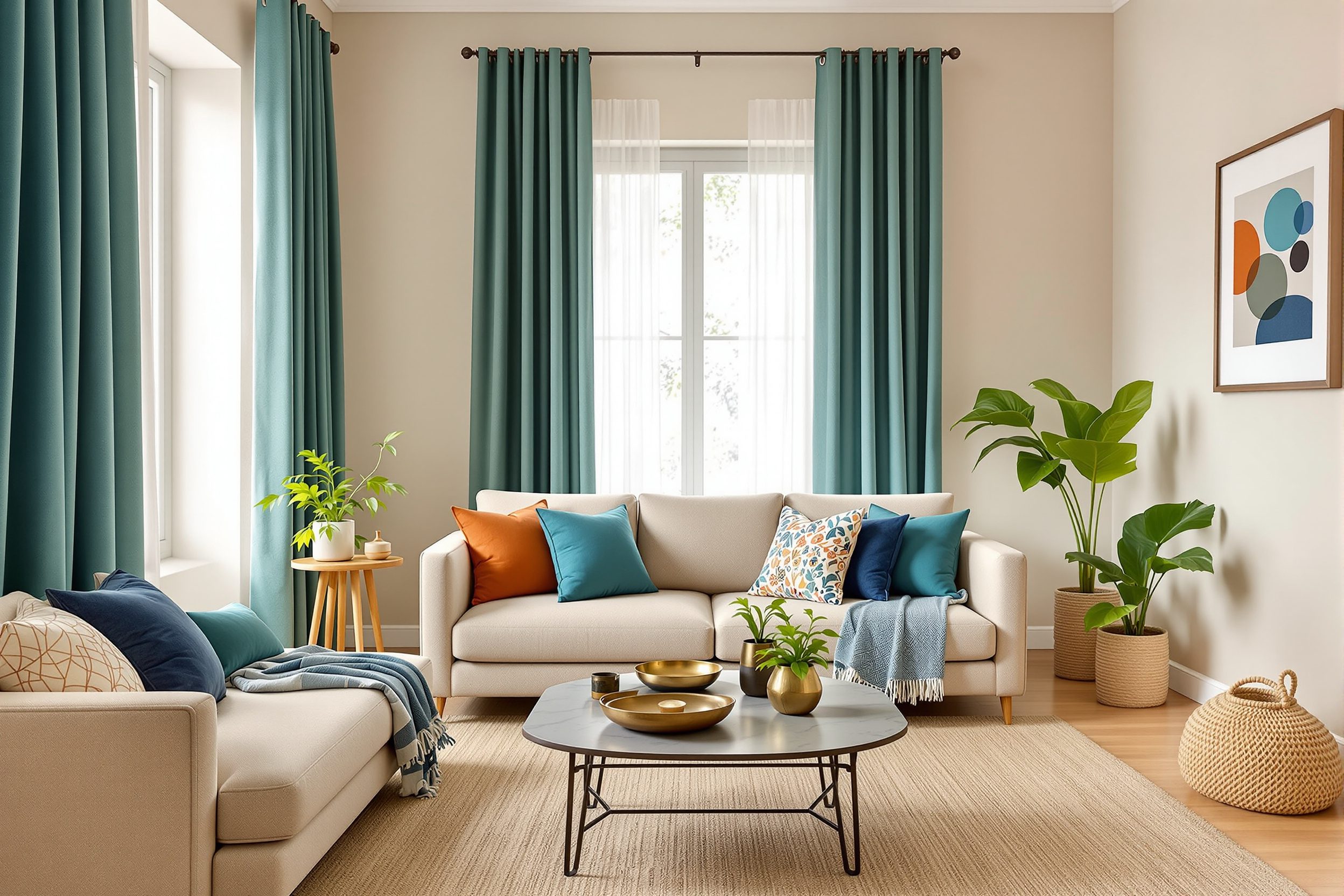 A layered Indian living room where the proportions read clearly — calm backdrop, textile mid-layer, jewel-tone accents