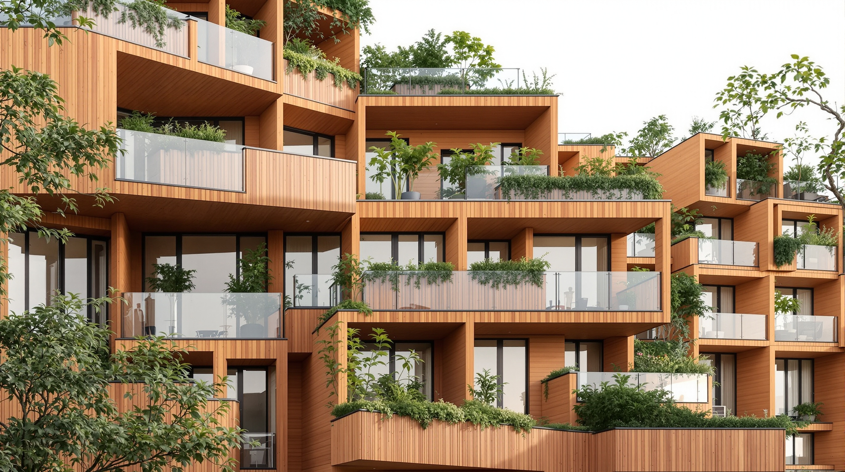 A close view of 79 & Park's cedar-clad terraces, the warm western red cedar boxes stepping back level by level with planted balconies and floor-to-ceiling glass, greenery spilling over the timber edges against a pale Stockholm sky
