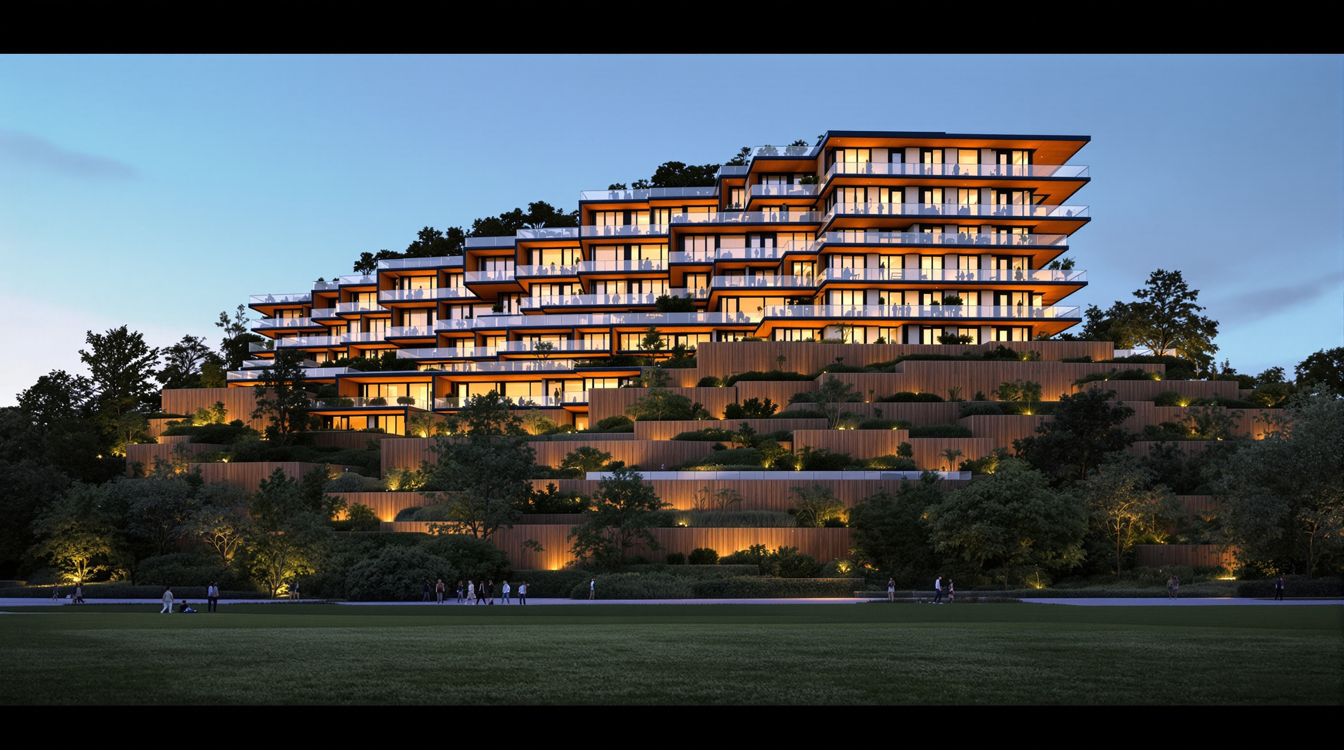 The full massing of 79 & Park seen across the open green expanse of Gärdet at dusk, the stepped cedar hillside stepping up from two storeys at the park edge to a ten-storey landmark corner, warm interior light glowing from stacked terraces and floor-to-ceiling windows