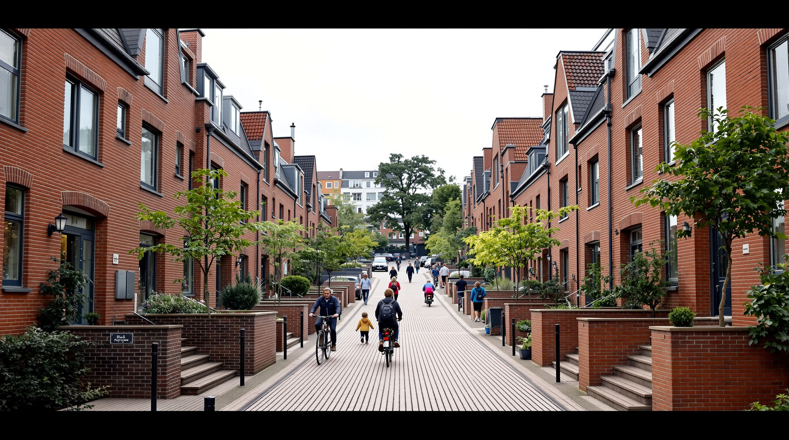 The continuous outdoor street of 8 House climbing between two rows of terraced brick maisonettes, each with a private front garden and doorstep opening onto the sloping shared path, residents and cyclists moving along it under an overcast Copenhagen sky