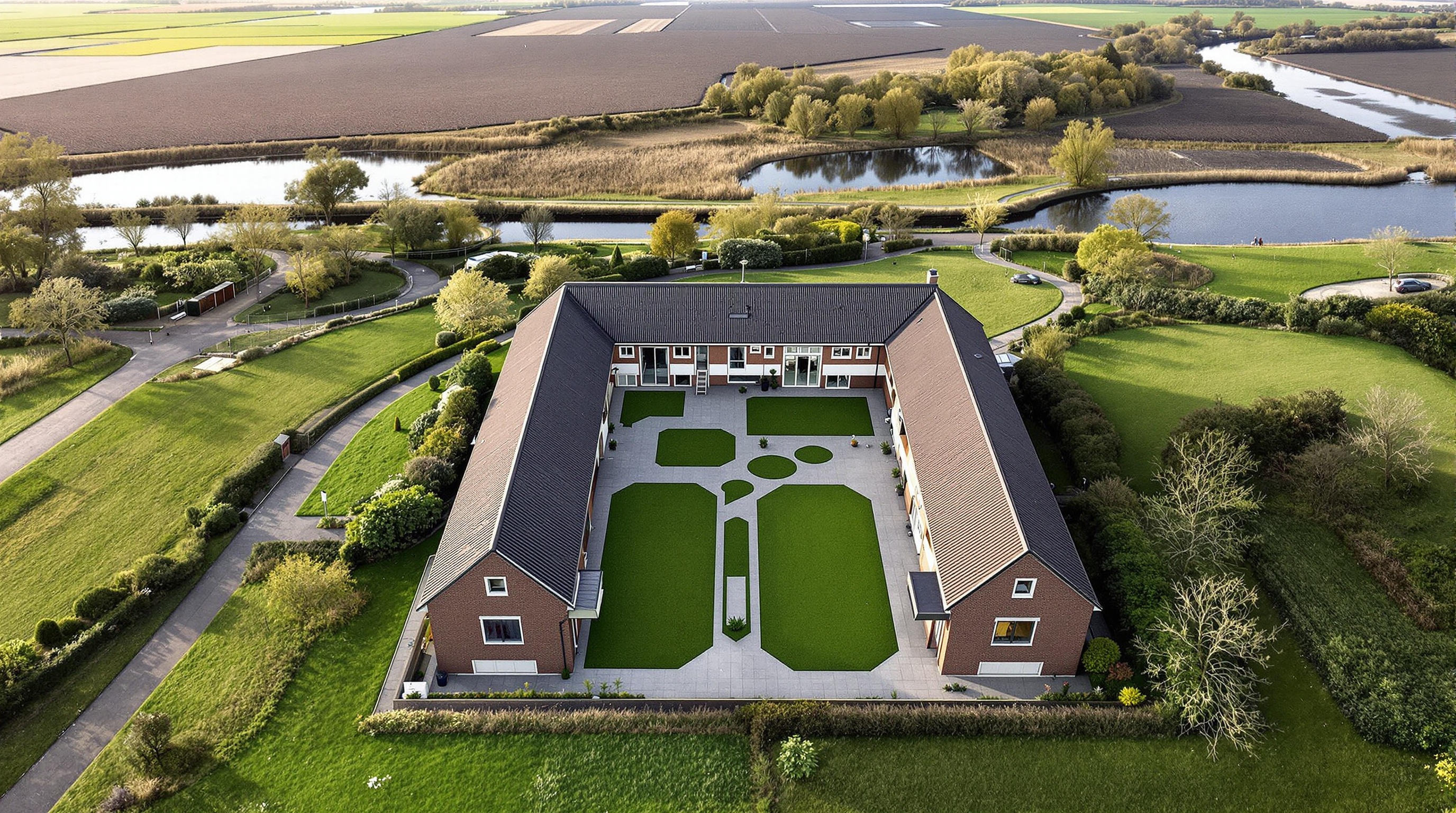 Aerial view of the two green courtyards of 8 House seen from above, the figure-eight footprint clear against the flat Ørestad landscape, the sloping roofline stepping from a high corner down to a low one, a canal and open fields beyond