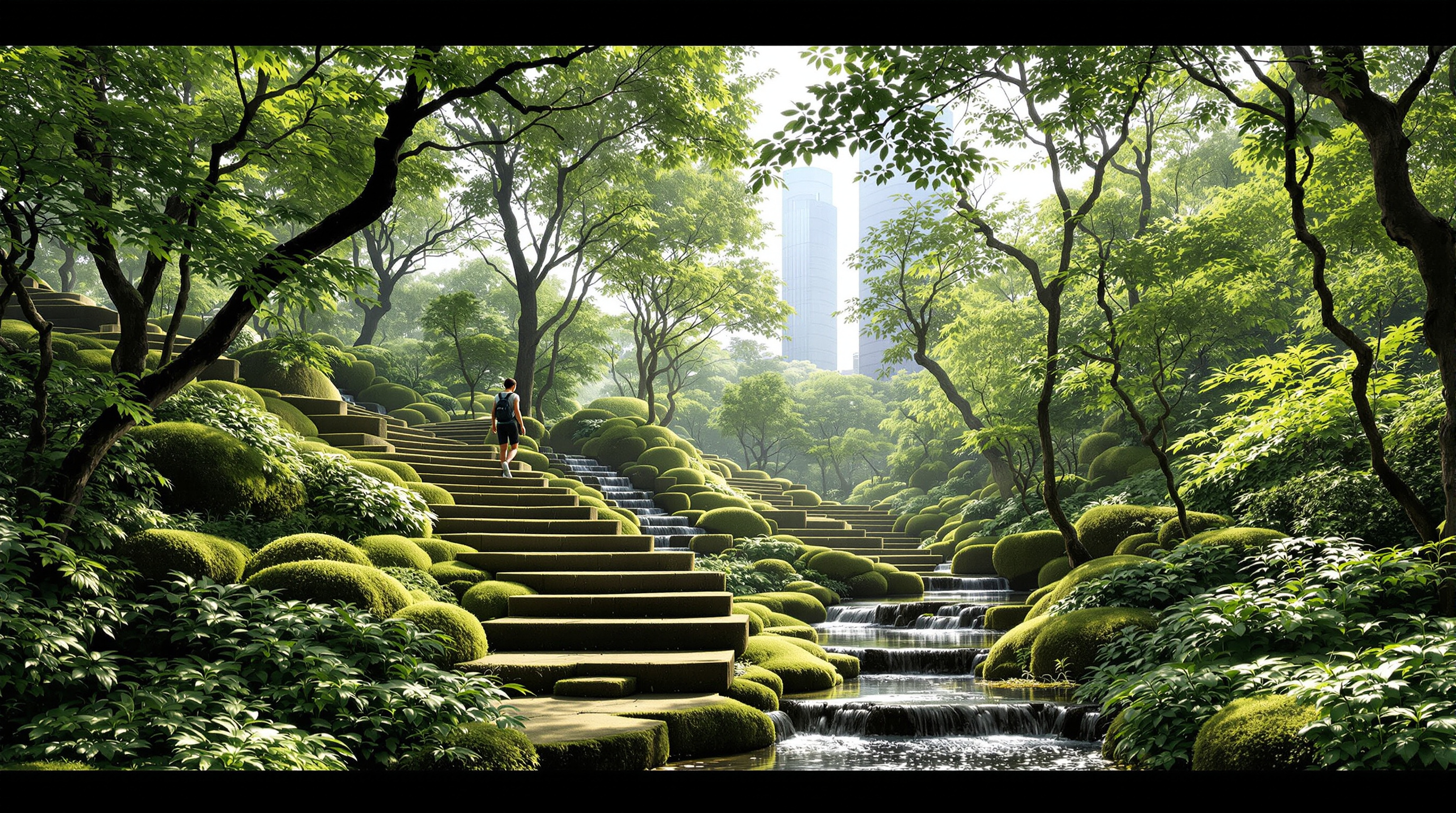A visitor climbing the mossy stone steps of ACROS Fukuoka's step garden between dense, mature planting, small streams and pools flanking the path, the towers of Tenjin visible through gaps in the foliage