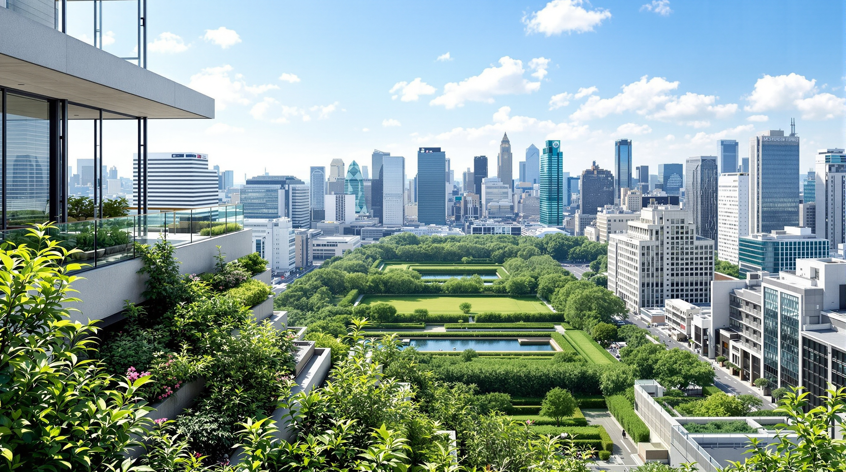 View from the rooftop belvedere of ACROS Fukuoka looking out over Tenjin, the planted terraces cascading down toward the green rectangle of Tenjin Central Park below while the glass towers of central Fukuoka rise on the horizon