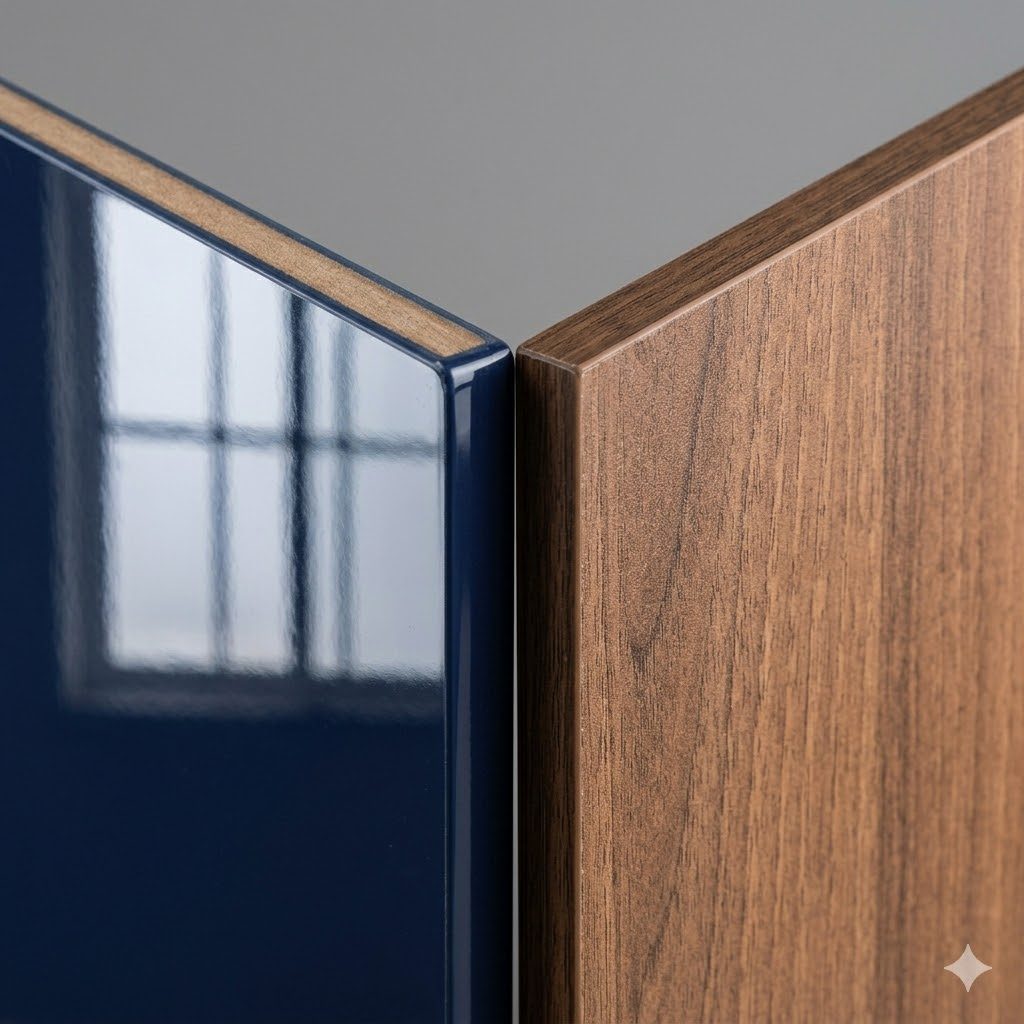 Two kitchen shutter samples held side by side at 45 degrees — a glossy navy acrylic showing a crisp reflection of a window grid with its ABS edge band visible, and a fine cinnamon wood-grain laminate showing texture with a thin dark laminate edge