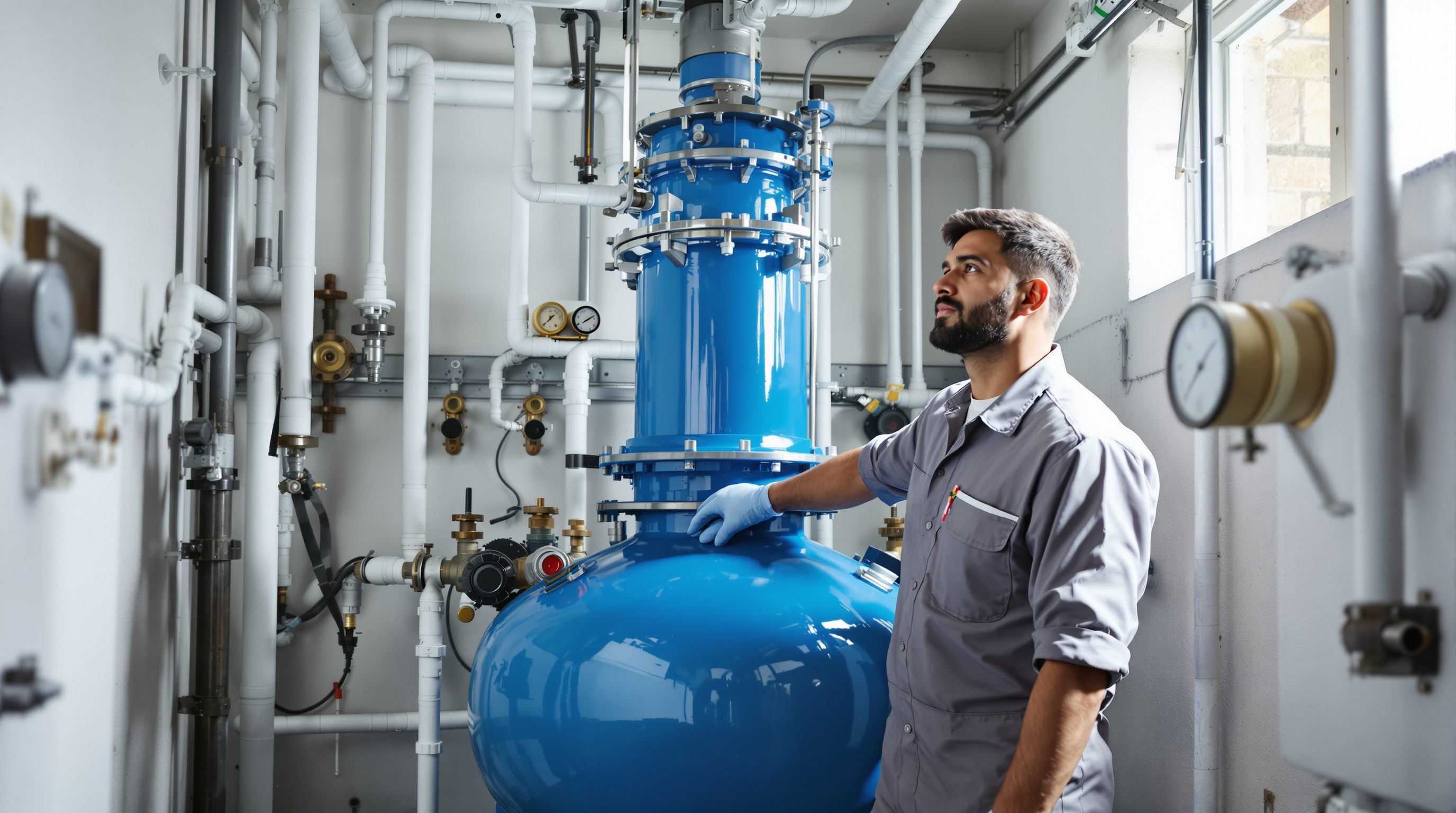 An Indian plant operator inspecting the valves and pressure gauge of a tall blue FRP activated carbon filter vessel in an STP plant room
