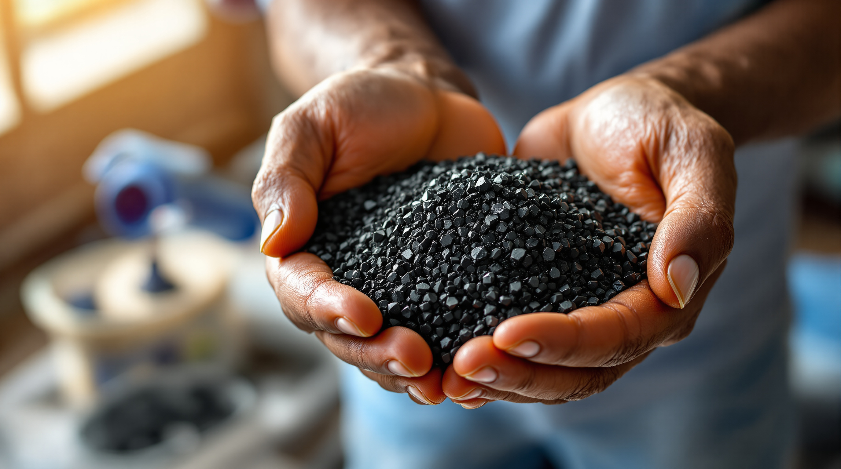 Close-up of Indian hands cupping glossy black granular activated carbon media above an open filter vessel