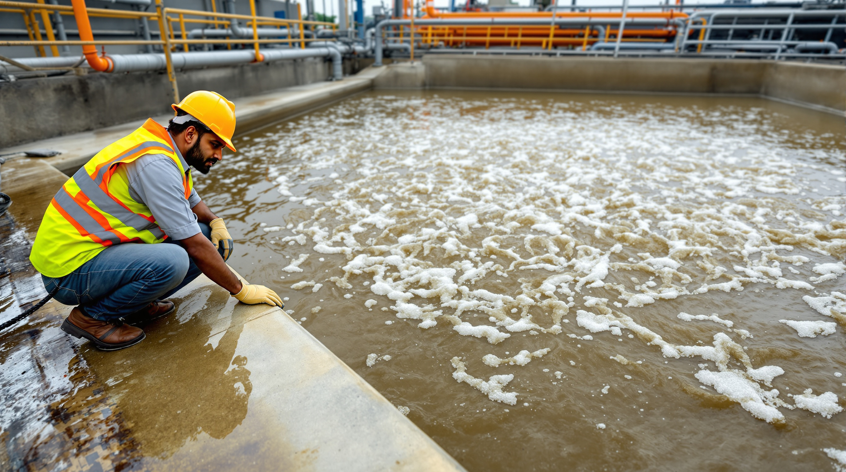 An Indian plant operator in a hard hat and gloves checking the churning brown aeration tank of a sewage treatment plant