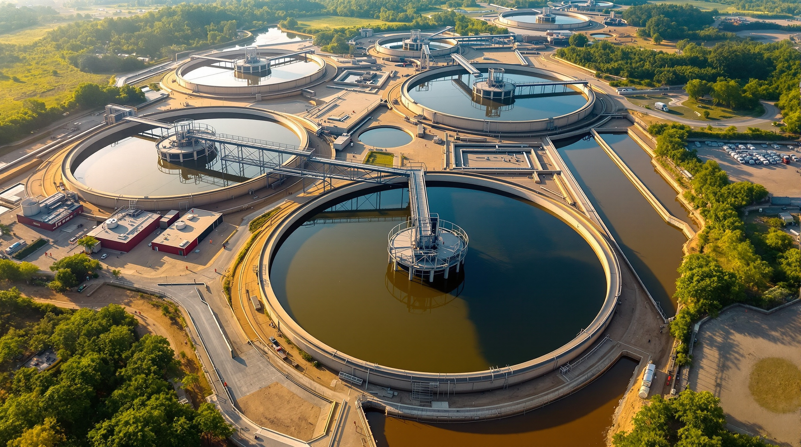 Aerial view of a large municipal sewage treatment plant with circular secondary clarifiers and rectangular aeration basins in an Indian city