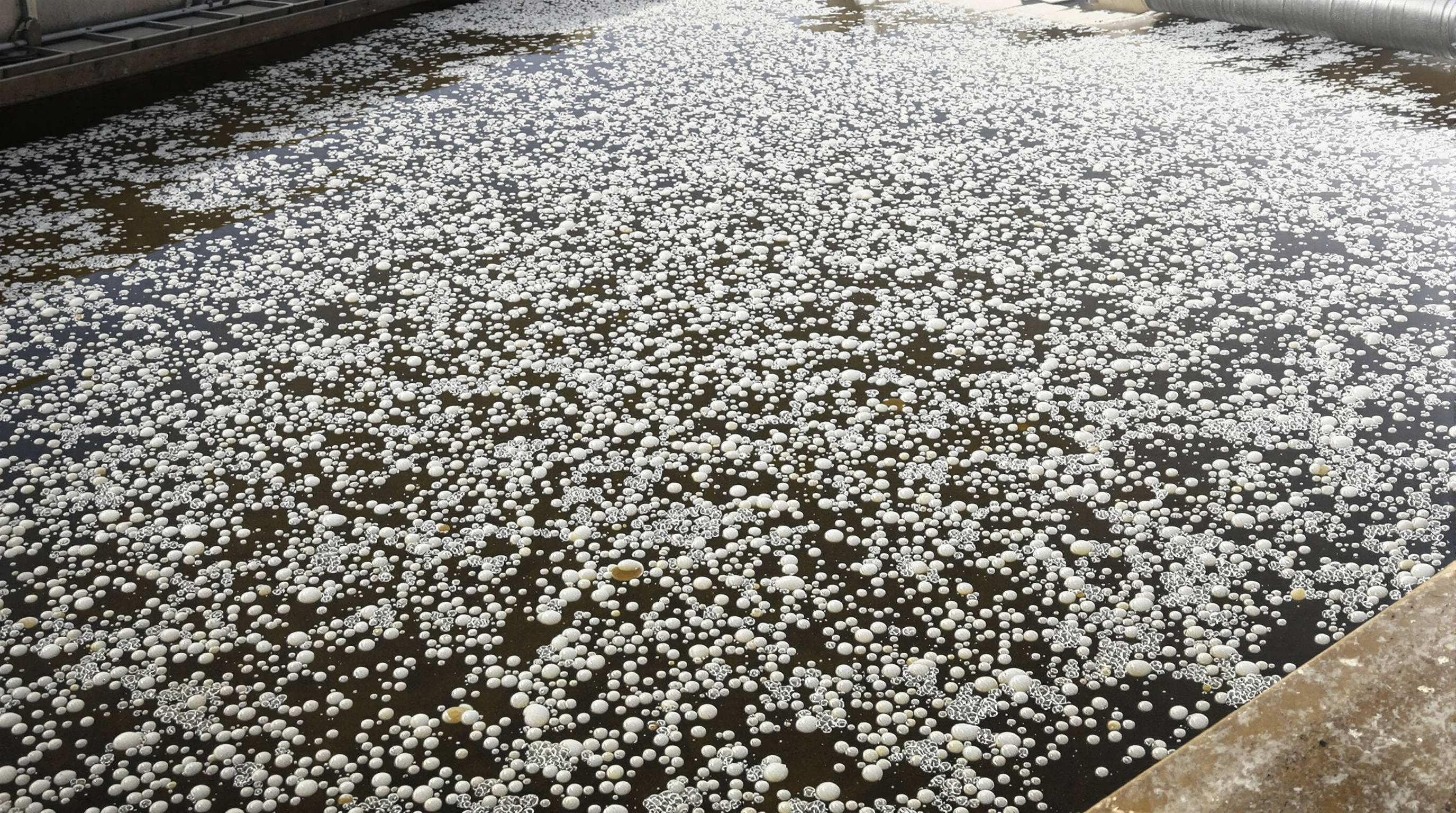 Dense columns of fine white bubbles rising through the water surface of an activated sludge aeration tank at a sewage treatment plant