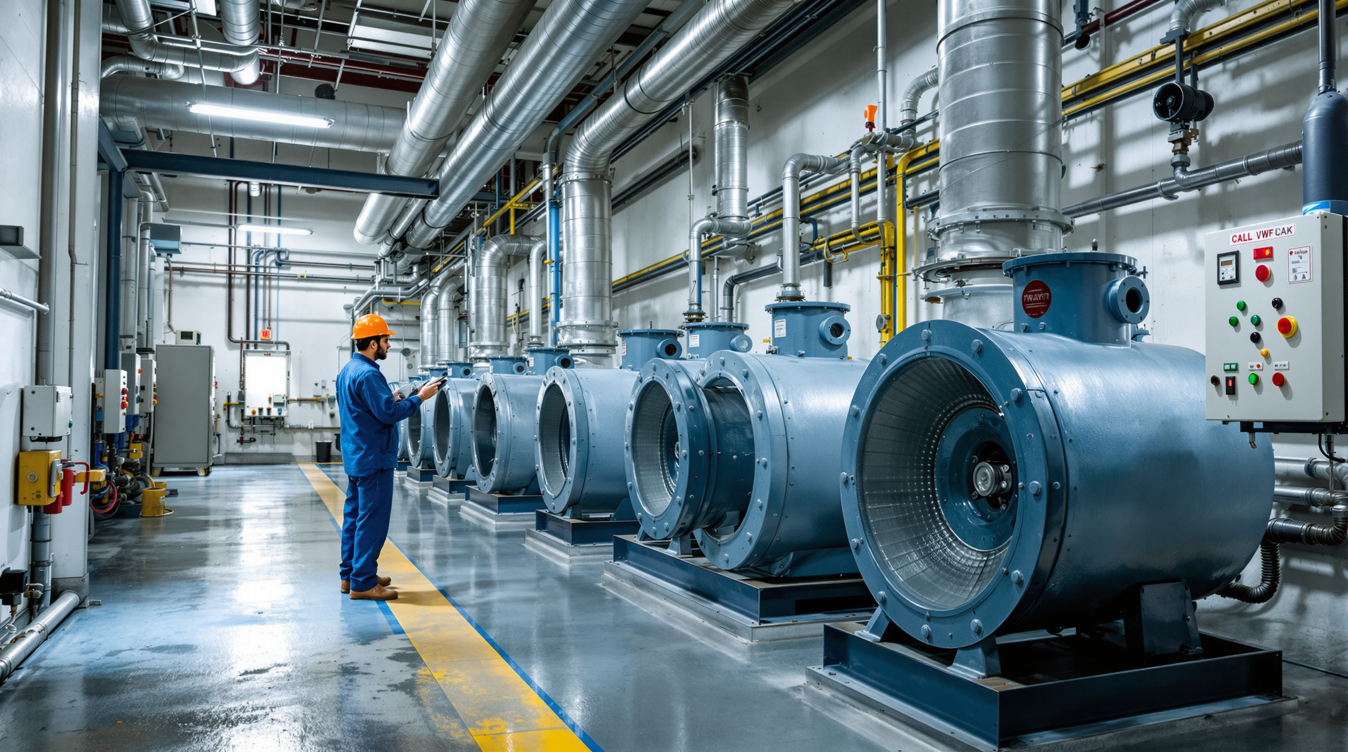 Indian plant operator inspecting a row of air blowers and control panels in the blower room of a sewage treatment plant