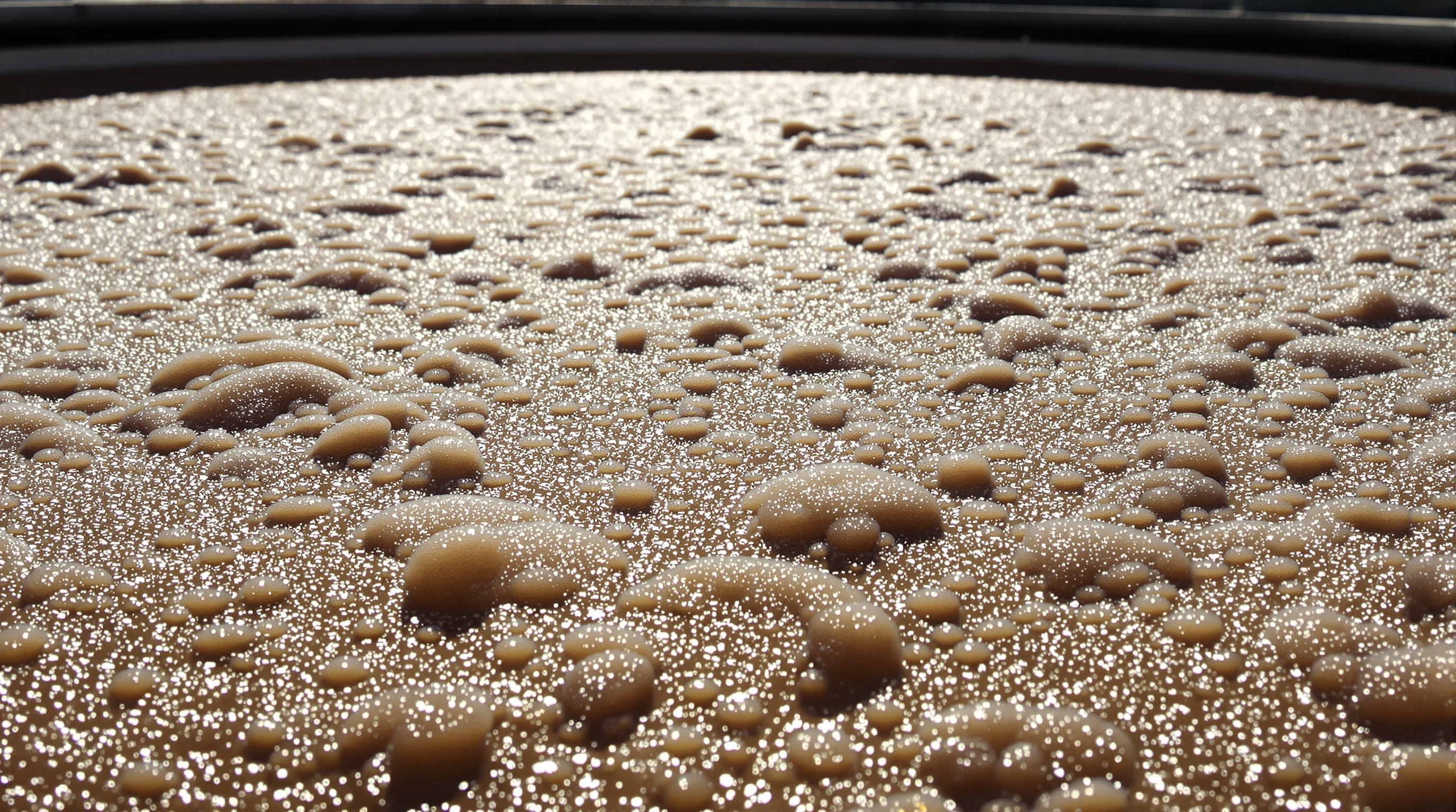 Close-up of a churning aeration tank surface with dense fine bubbles rising through brown mixed liquor at an Indian sewage treatment plant
