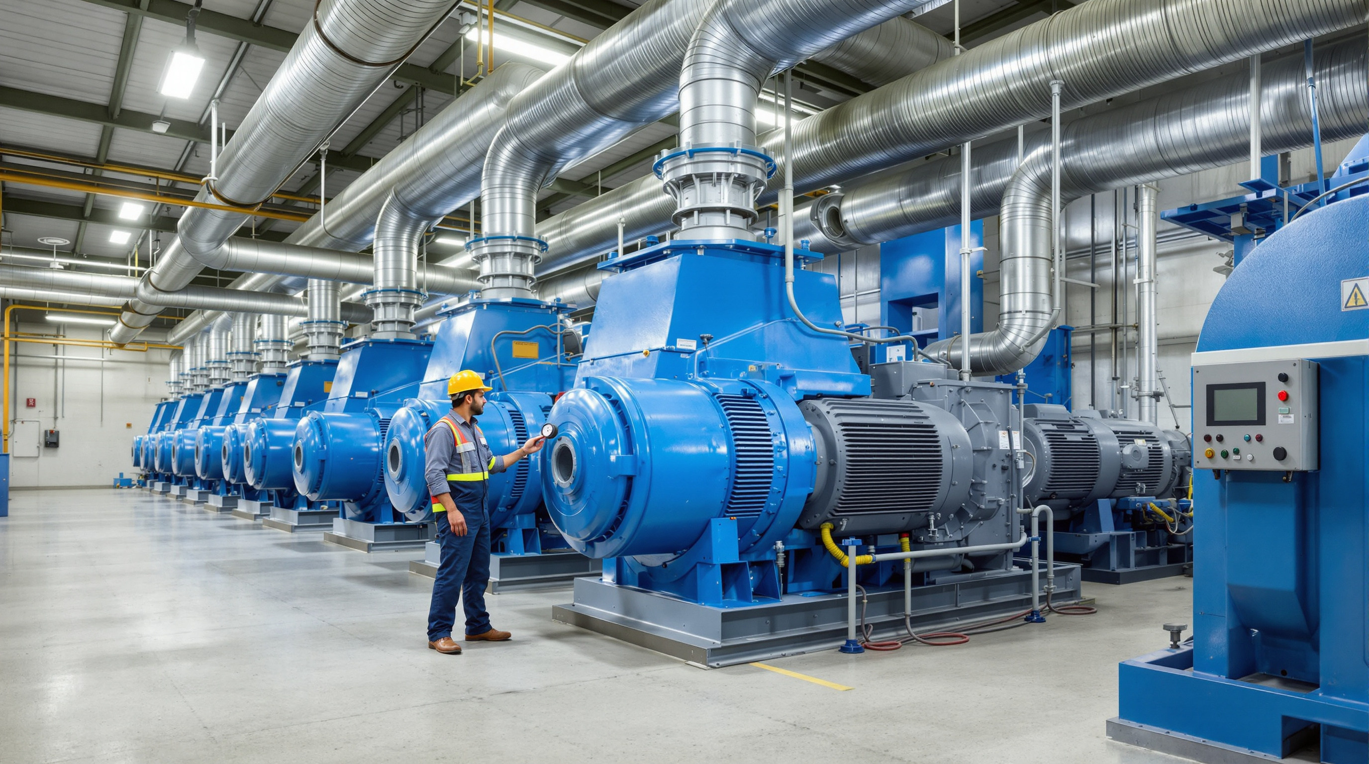 Row of large industrial air blowers in the blower room of an Indian sewage treatment plant with an operator inspecting them