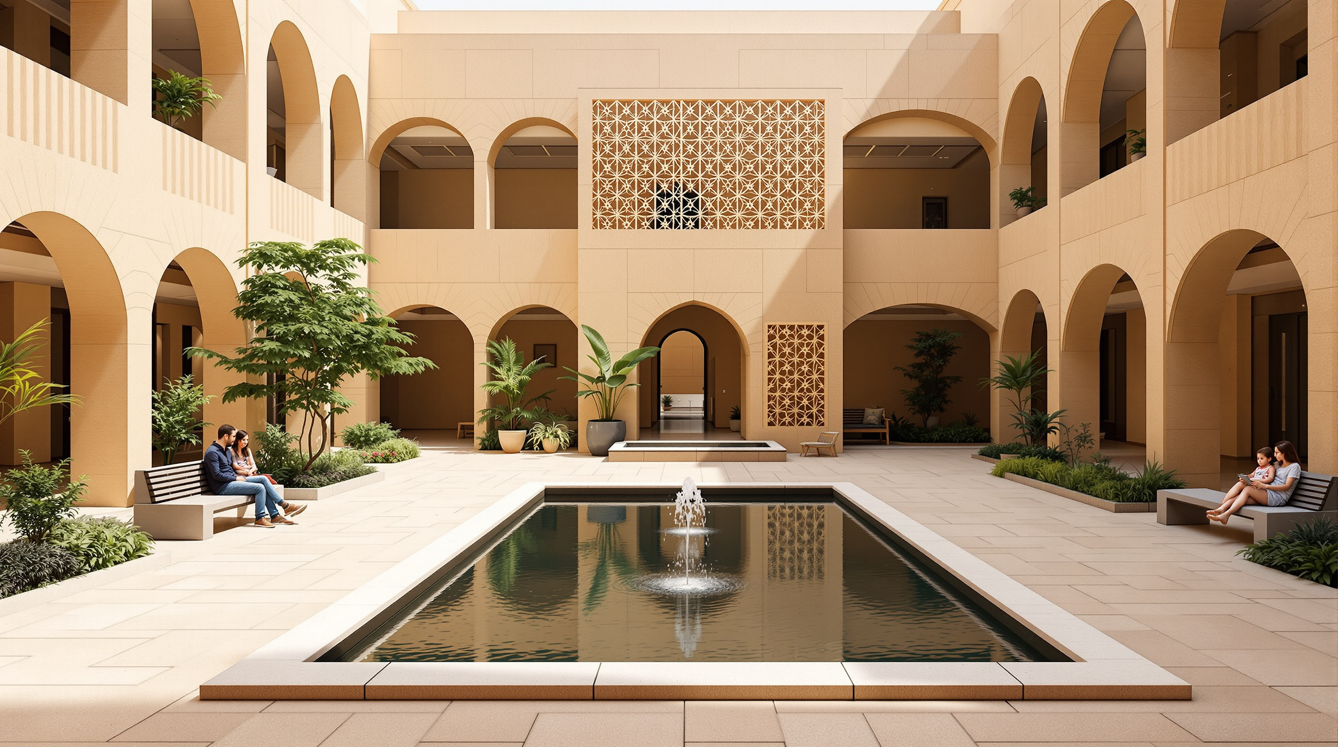A quiet planted courtyard inside the Aga Khan University Hospital Karachi, with a still reflecting pool, low arcaded walkways in warm stone, filtered shade from a geometric screen, and a family seated on a bench waiting