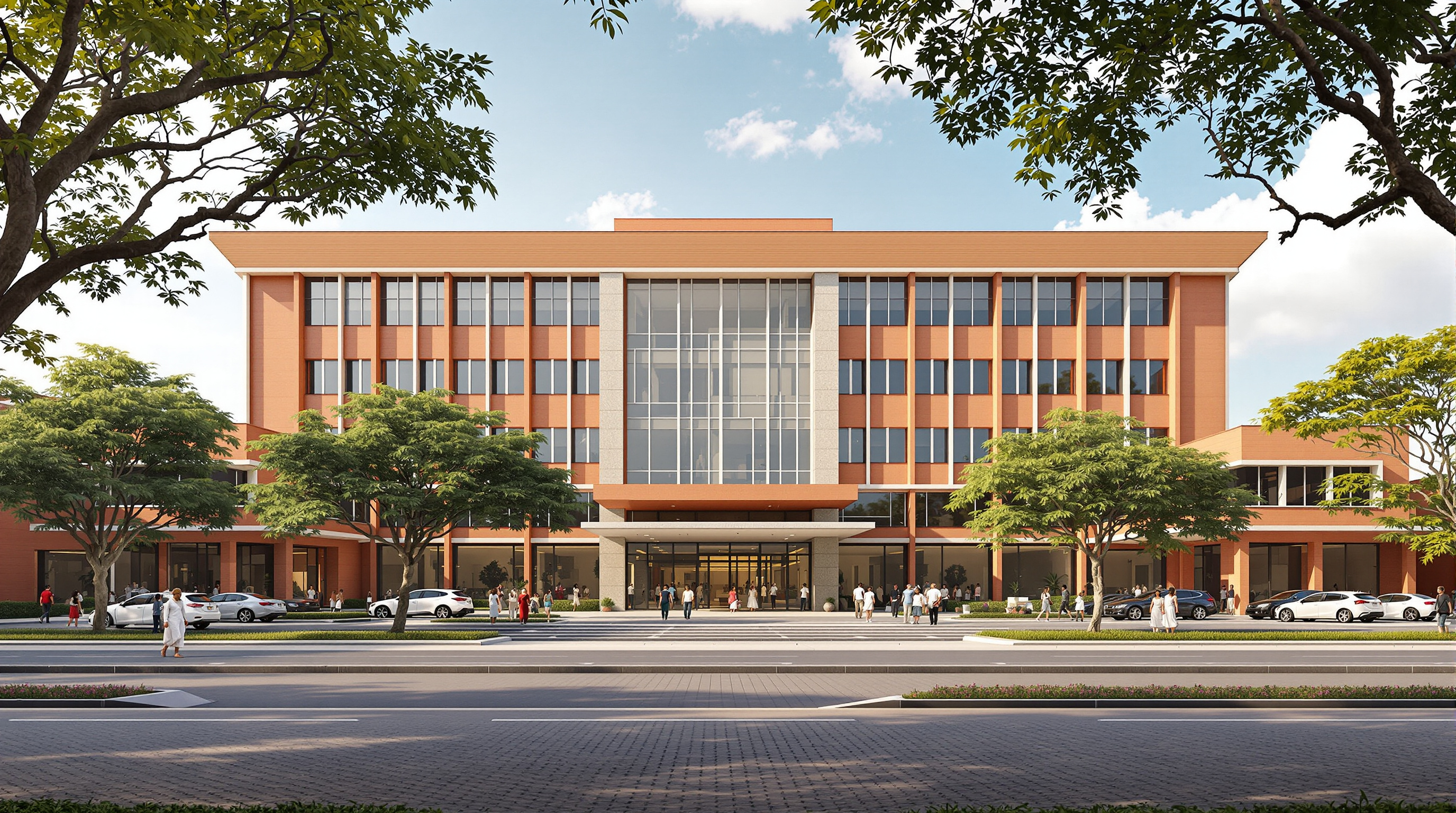 The 280-bed Aga Khan University Hospital in Nairobi, a warm-toned contemporary hospital block set among trees, with shaded arcades, terracotta and stone surfaces, and patients arriving at a landscaped forecourt under a clear East African sky
