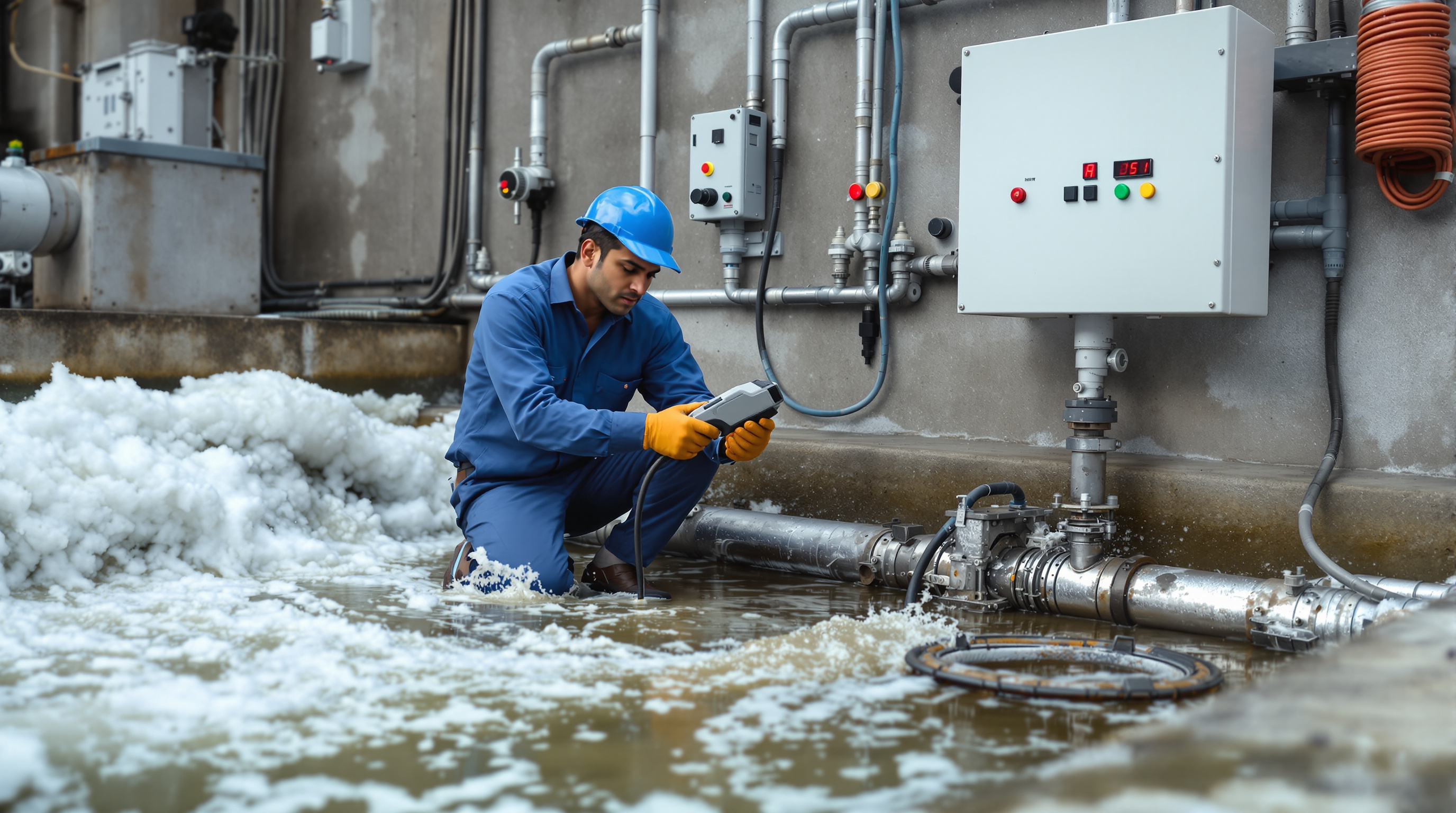 Indian technician calibrating a dissolved-oxygen probe at the edge of an aeration tank beside a VFD control panel