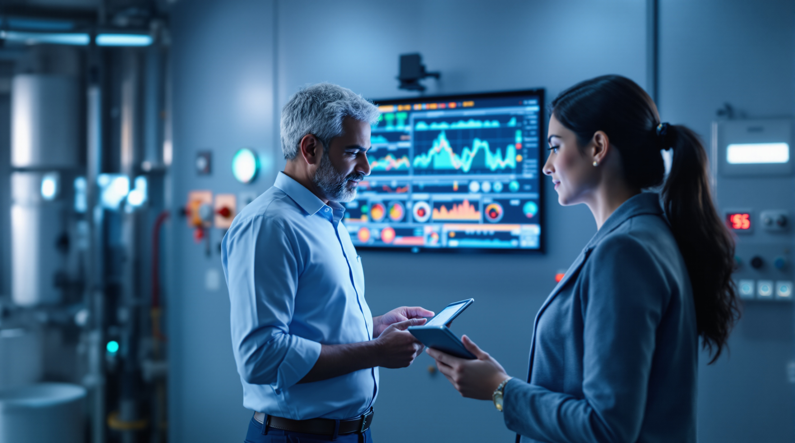 Indian plant owner and consultant reviewing live STP performance data on a tablet inside a control room