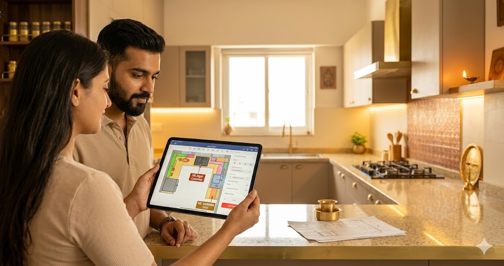 Studio Matrx flow diagram AI modular kitchen planner Bengaluru 3 BHK 12x10 L-shape Vastu SE cooktop NE sink Hettich Hafele quote
