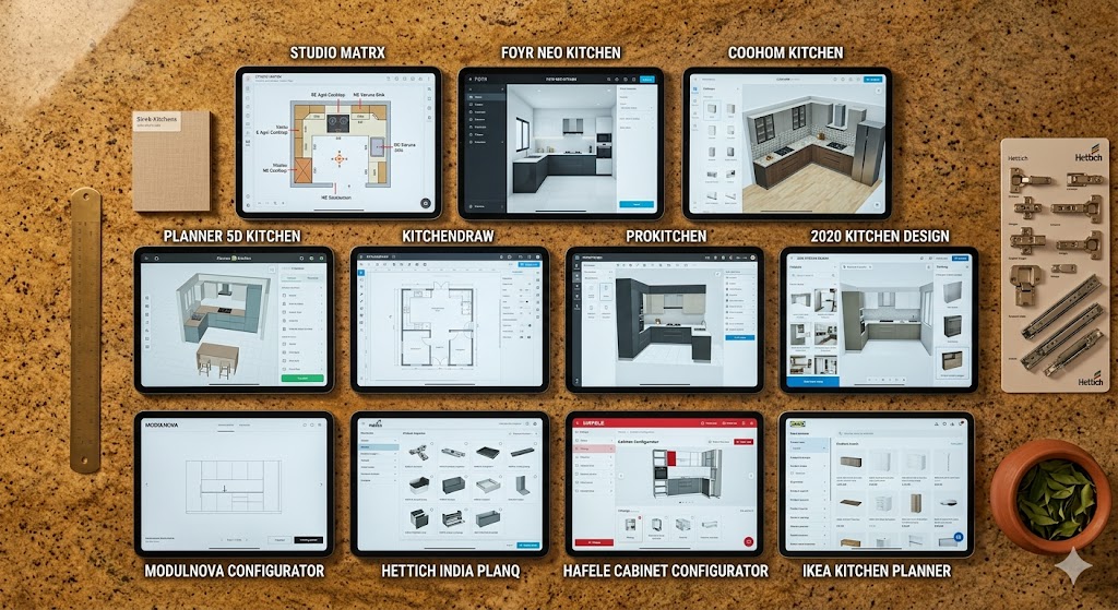 AI modular kitchen planner tool landscape 2026 India comparison Studio Matrx Foyr Coohom Planner 5D KitchenDraw ProKitchen 2020 Modulnova Hettich Hafele IKEA