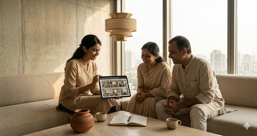 Photograph of a friendly mid-thirties Indian interior designer sitting beside a homeowner couple on a low oat-linen sofa in a Mumbai design studio the designer holding an iPad displaying a Studio Matrx generated mood board with six warm minimal interior renders the homeowner couple wife in a soft beige cotton saree and husband in linen kurta both leaning in to look at the renders with interest a cup of masala chai and a notebook on the travertine coffee table beside them late morning natural light through tall windows behind them a single sculptural pendant overhead a small Khurja stoneware vessel on a side table a quiet trust-building consultation moment magazine-quality photograph the designer-client relationship at the centre of the AI-augmented practice