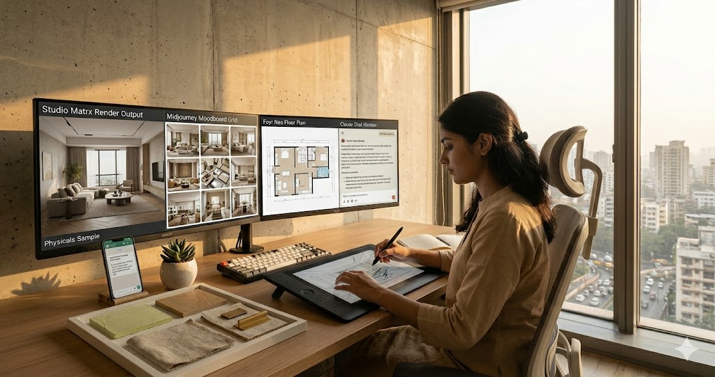 Photograph of a young Indian interior designer at her desk in a contemporary Mumbai studio multiple browser tabs visible on her dual monitor setup showing Studio Matrx render output Midjourney moodboard Foyr Neo floor plan Claude Opus chat window for client brief notes a Wacom drawing tablet for sketch overlays a small physical materials sample tray holding lime plaster swatch oak veneer chip linen fabric piece and brass hardware sample her phone displaying a client WhatsApp message golden afternoon light through a large window onto exposed concrete studio walls a quiet focused atmosphere a single small terracotta plant pot beside her keyboard the designer in a soft khadi kurta typing prompts magazine-quality photograph the augmented Indian designer at work in 2026