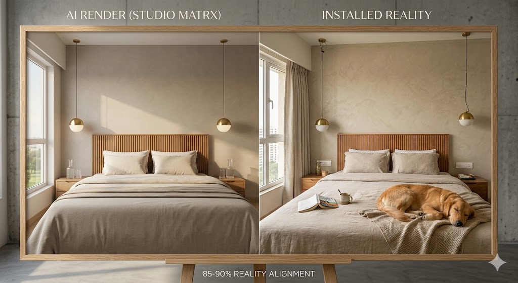 Photograph of a split-screen comparison in a Bengaluru 3 BHK apartment master bedroom on the left side a Studio Matrx generated AI render showing a warm minimal master bedroom with perfect oat linen bedding lime plaster accent wall fluted teak headboard brass pendants symmetrical photograph quality afternoon light on the right side the actual installed bedroom photographed under similar afternoon light showing the same overall composition with subtle real-world differences slight unevenness in the lime plaster wall finish a small electrical outlet visible in the corner real curtain folds rather than rendered ones an open book on the bed a coffee mug on the bedside table the dog asleep at the foot of the bed magazine-quality photograph showing the honest gap between AI render and installed reality with a soft narrative that the reality holds 85 to 90 percent of the render