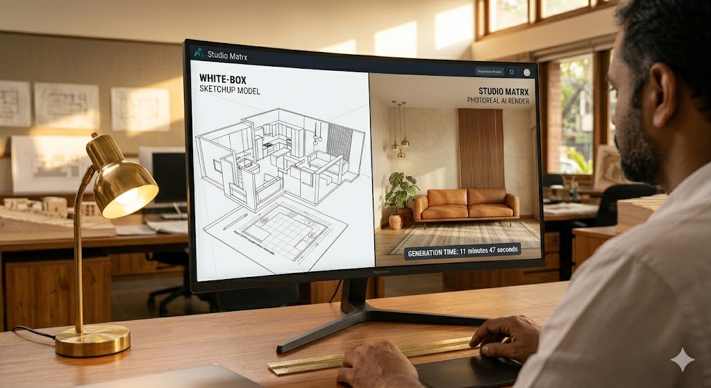 Studio Matrx flow diagram AI render generator sketch to photoreal in 12 minutes India