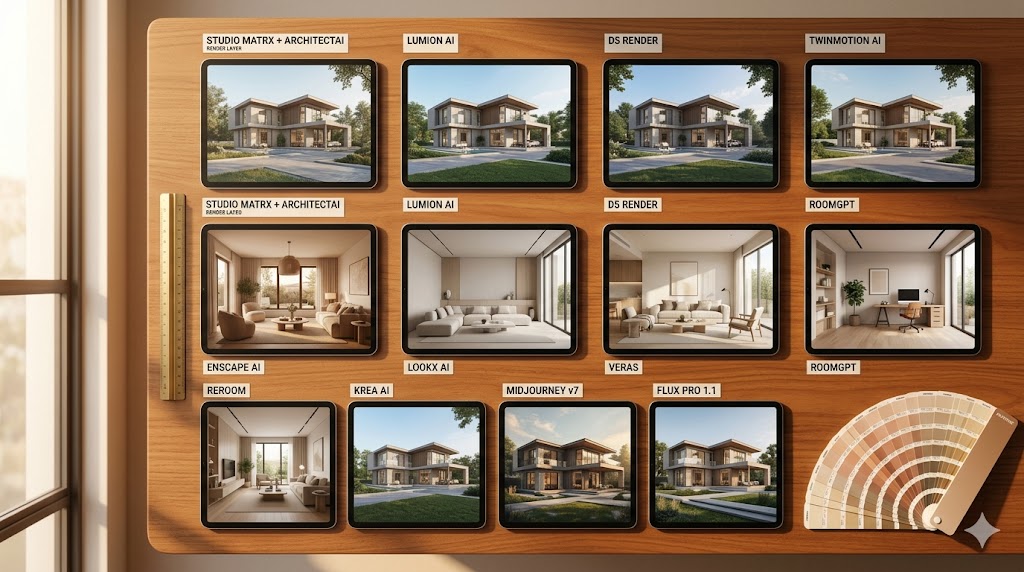 AI render generator tool landscape comparison 2026 India Studio Matrx Lumion D5 Veras Flux