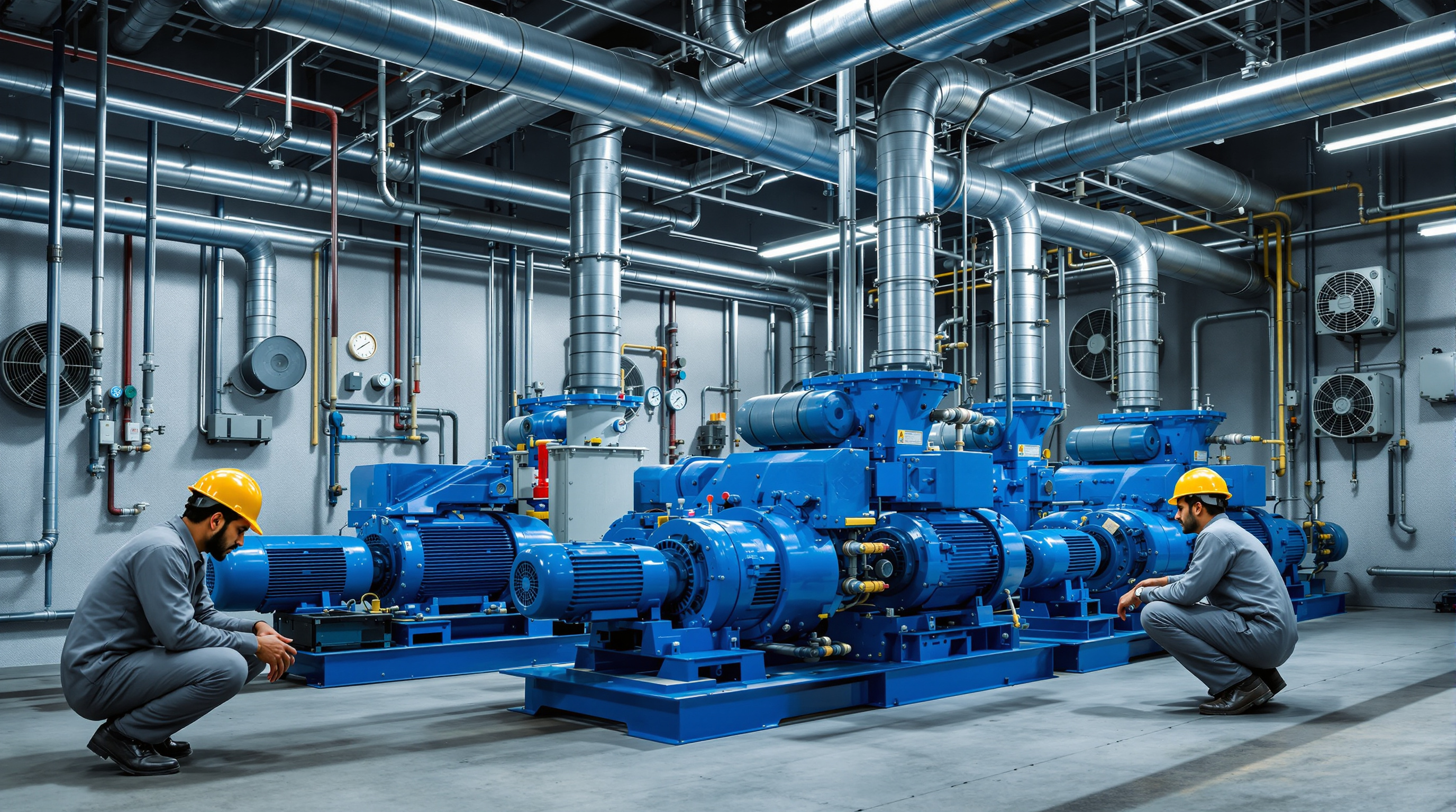 A row of twin-lobe roots air blowers with motors and belt guards inside an STP blower room, connected to steel air header pipes