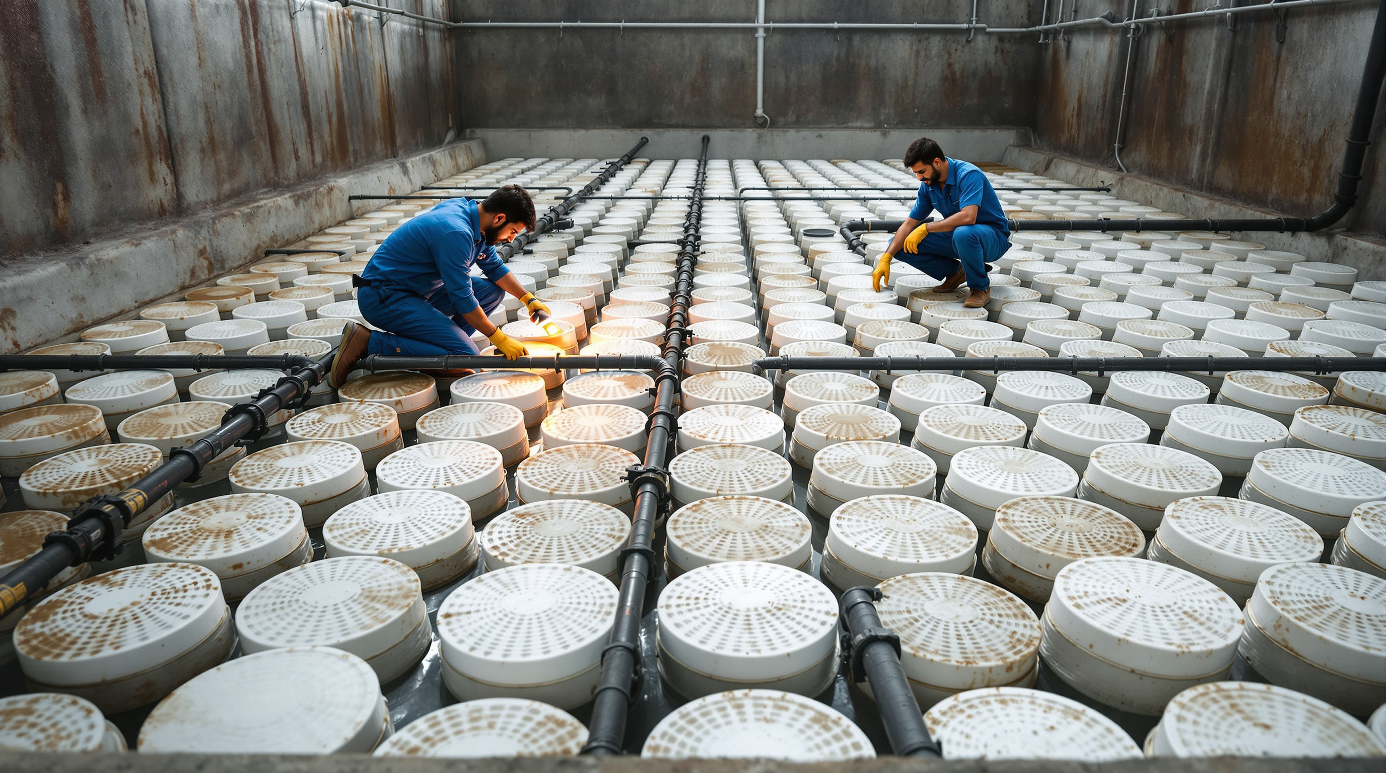 An Indian technician kneeling beside a drained aeration tank inspecting a grid of white membrane fine-bubble diffuser discs on the tank floor