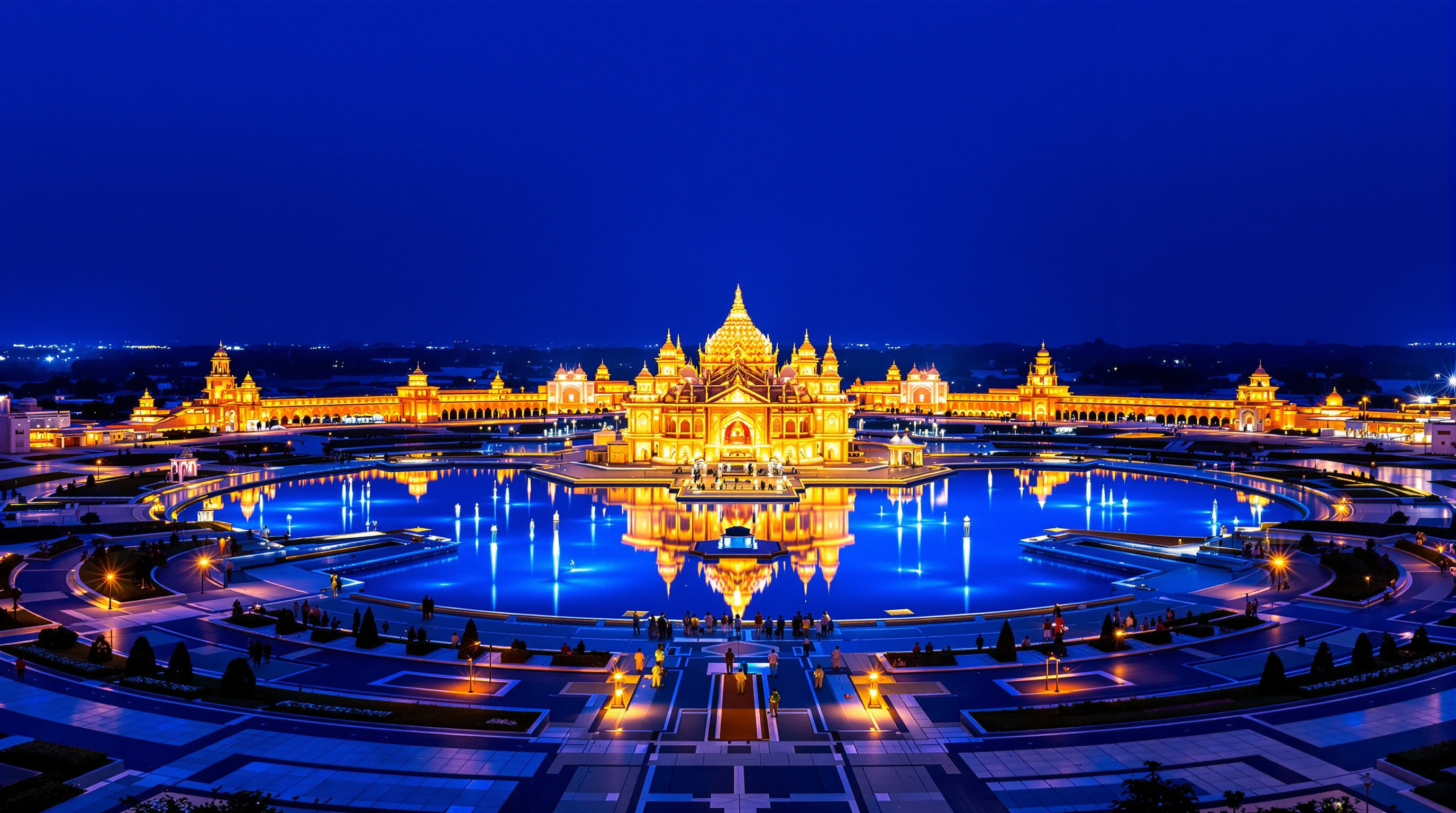 Wide dusk view of the full Akshardham complex on the Yamuna bank in Delhi, the illuminated central mandir mirrored in the surrounding water feature, the vast paved parikrama and gardens stretching out around it under a deep blue sky