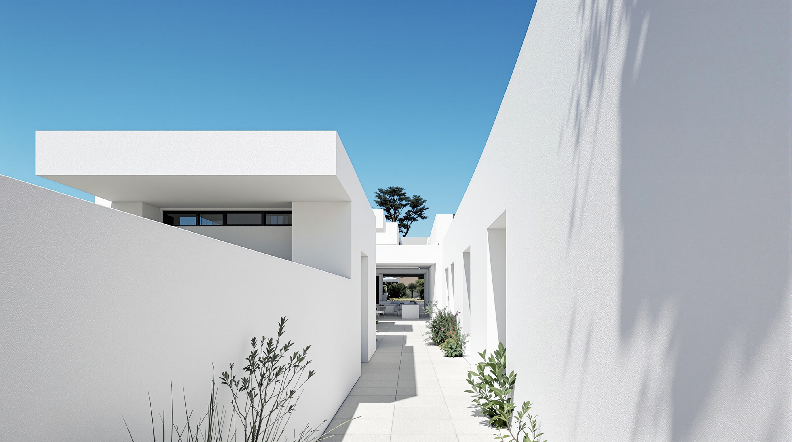 A narrow whitewashed pedestrian lane between two single-storey Alcabideche houses in bright Portuguese daylight, flat-roofed volumes with a smooth translucent acrylic box perched on each roof, a private patio glimpsed through an opening, low planting softening the edges