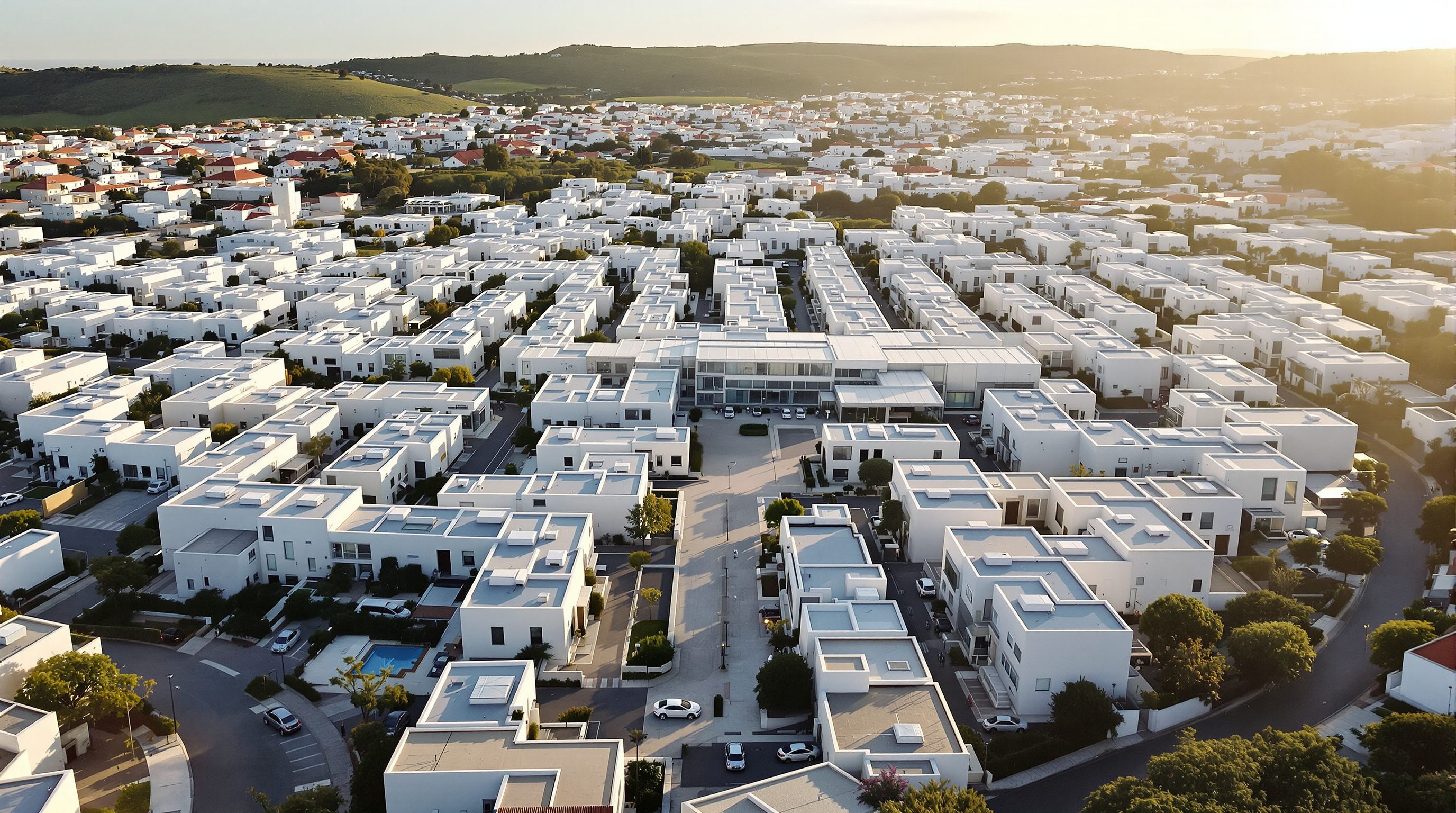 Aerial view over the Alcabideche complex showing the full labyrinth of white flat-roofed houses arranged on a regular grid, each with its translucent box roof, threaded by pedestrian streets and small courtyards, the larger central support building anchoring one edge, green hills of Cascais beyond