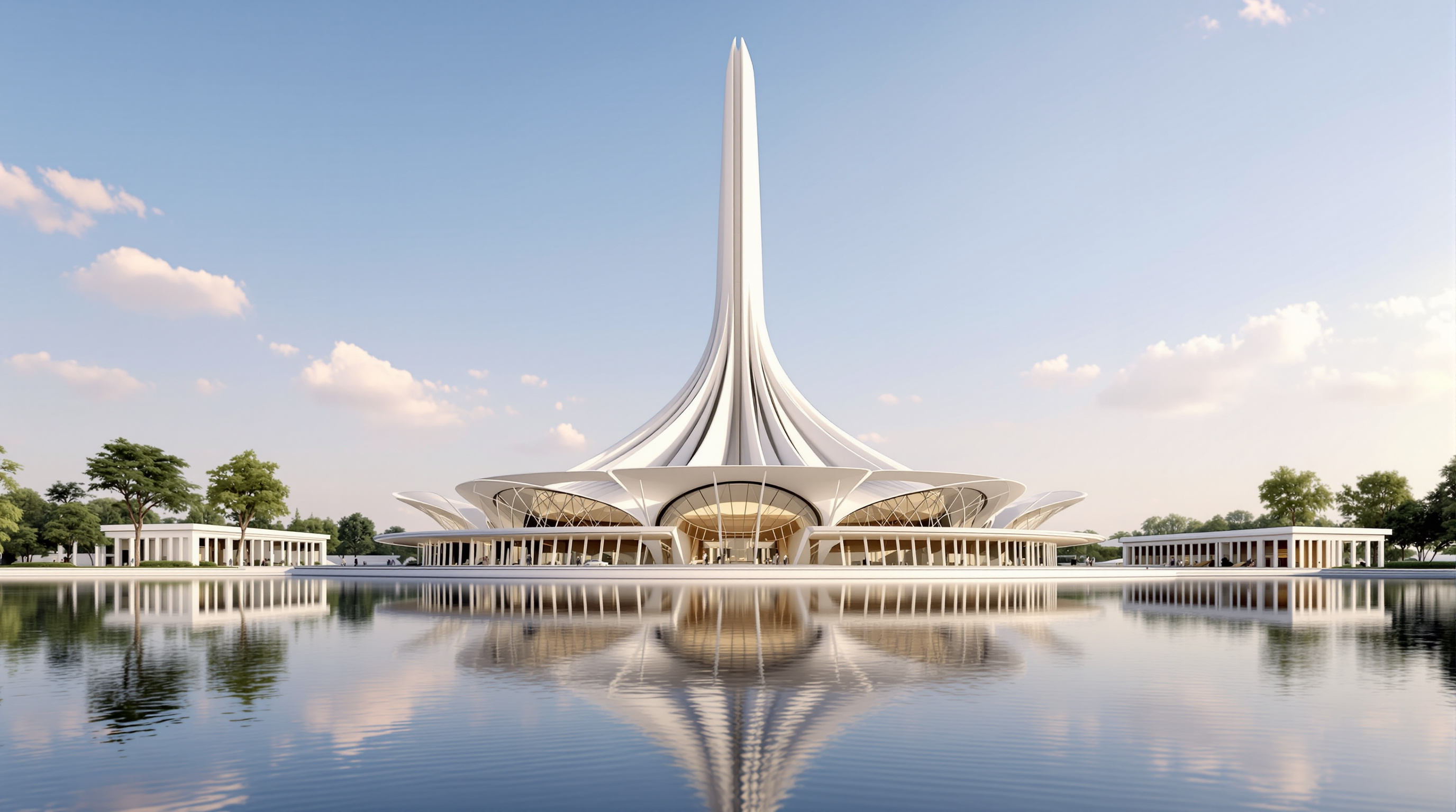 The Amaravati Legislative Assembly render: a tall white needle-like conical tower with a wide shading canopy, rising from a still freshwater lake and reflected in it, low colonnaded government buildings on either side
