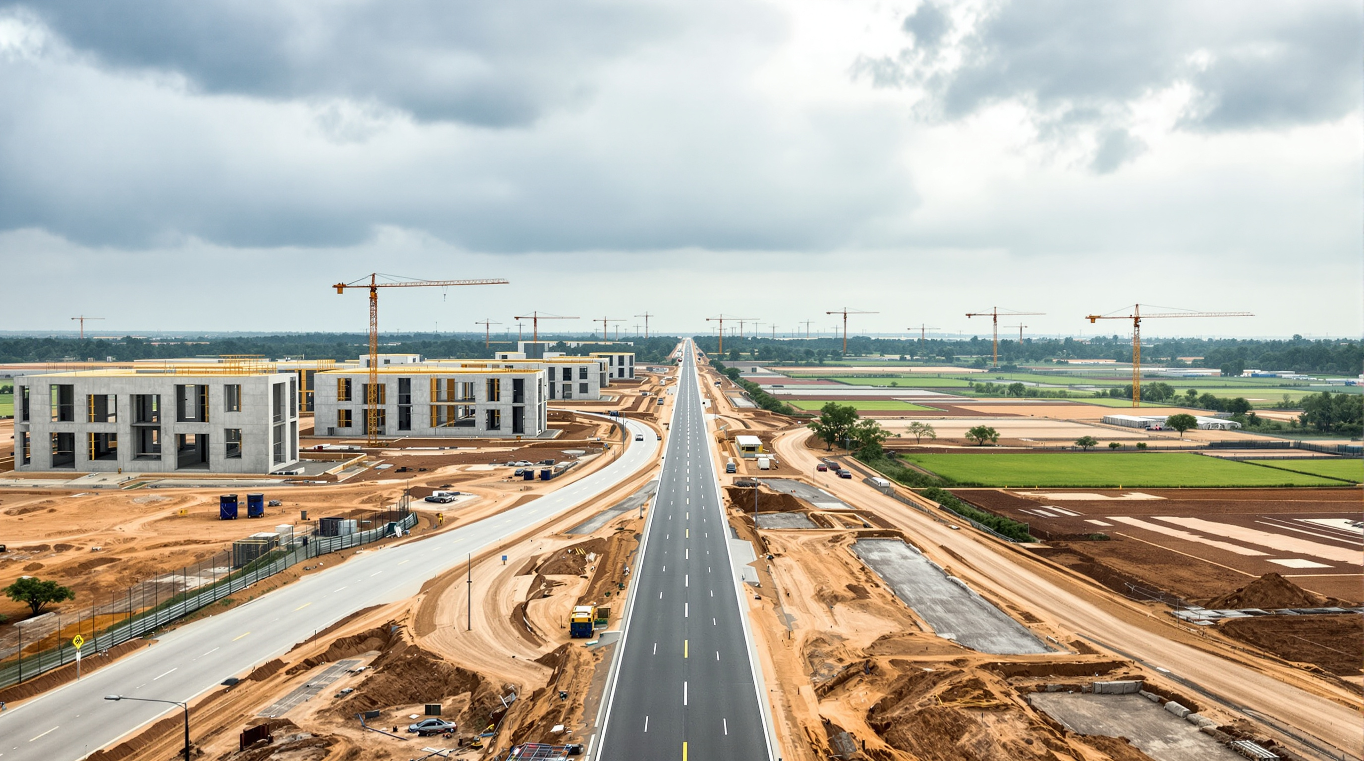 A wide construction landscape at Amaravati: half-finished concrete government building frames and empty graded roads stretching across cleared farmland, with distant cranes and patches of remaining green fields under a monsoon sky