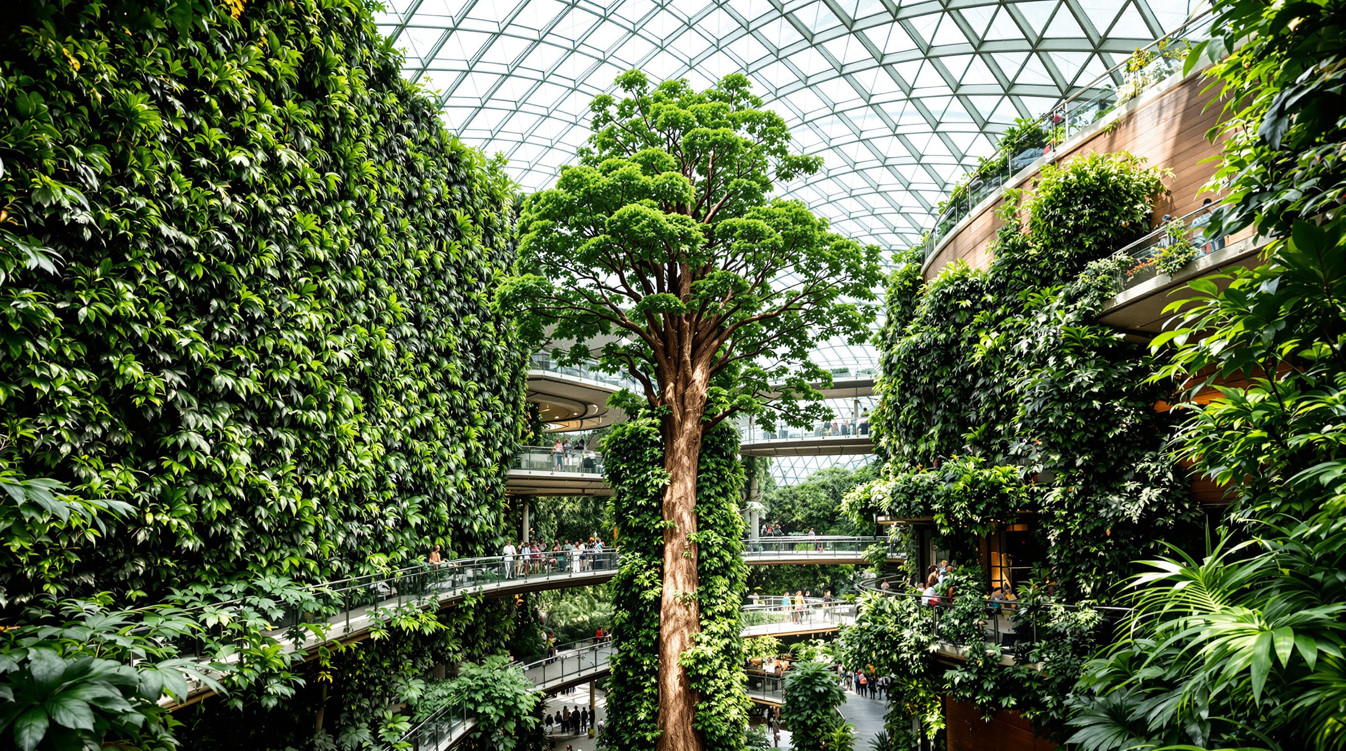 Interior view inside the Amazon Spheres looking up through multiple levels of walkways and bridges wrapped in lush tropical foliage, with the huge four-storey green living wall on the left, a tall fig tree rising through the centre, and the tessellated glass dome overhead letting in soft daylight