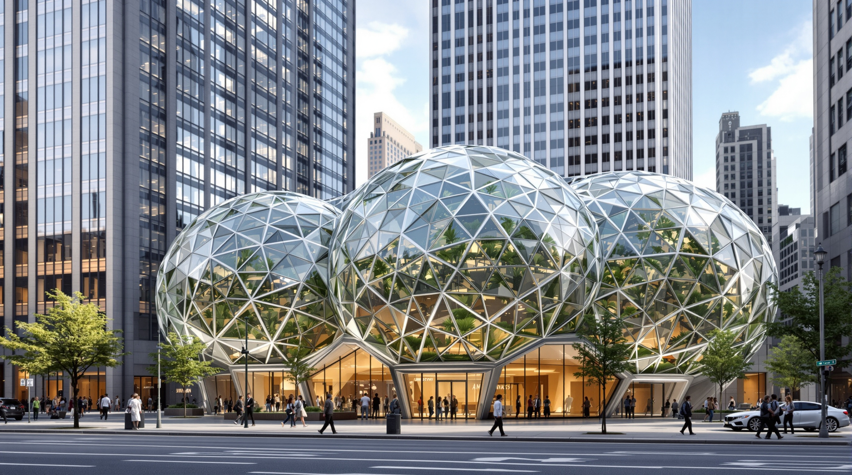 Exterior street-level view of the Amazon Spheres in daylight, the three tessellated glass domes bulging out between tall Amazon office towers, pedestrians walking past on the downtown Seattle sidewalk with the greenery faintly visible through the patterned glass