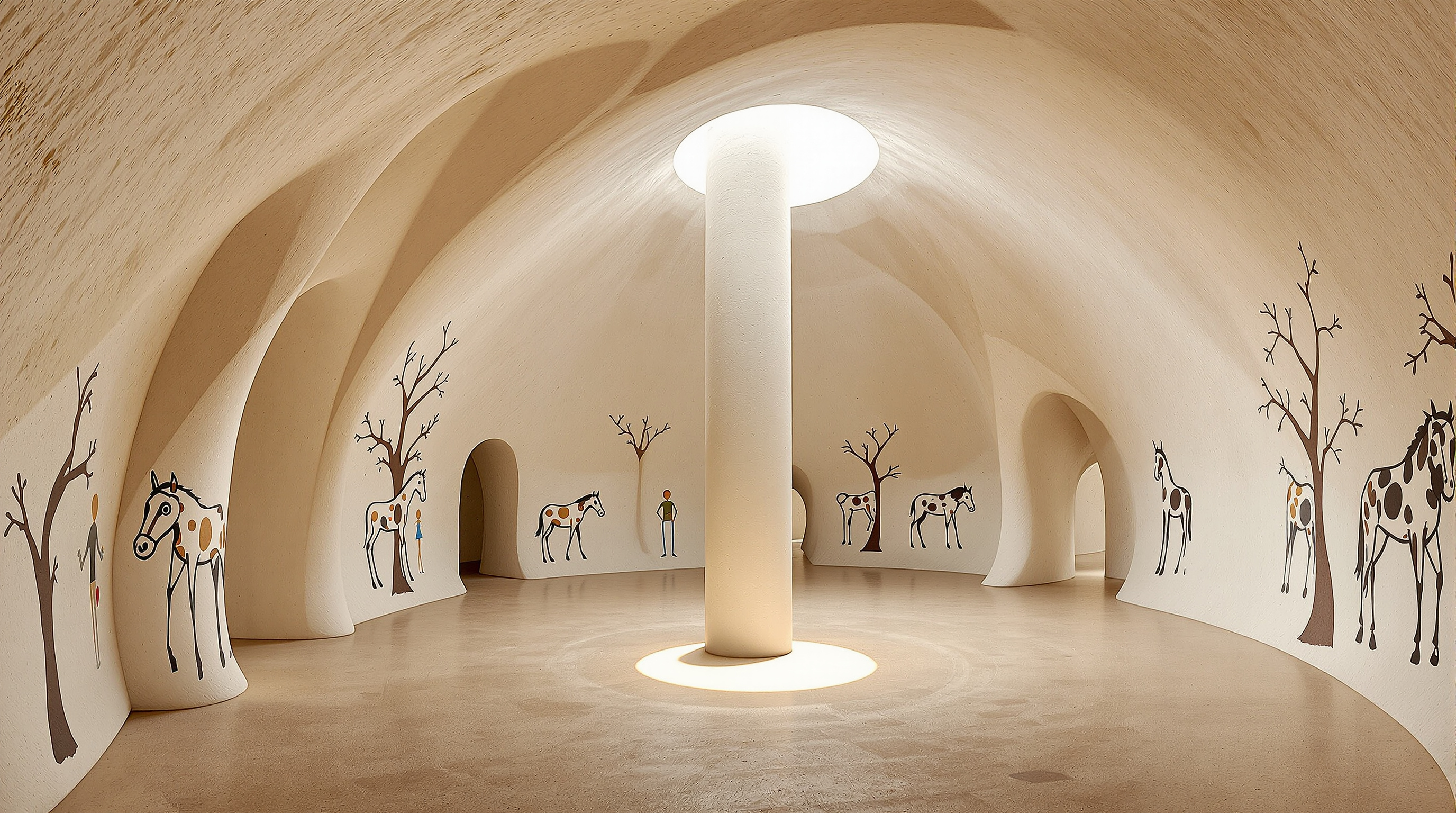 Interior of Amdavad ni Gufa: a dim, cool cavern of white curving ferrocement walls covered in M.F. Husain's bold painted figures of horses and human forms, irregular tree-like columns rising to a low domed ceiling, with a bright circular shaft of daylight falling from a snout in the dome onto the floor