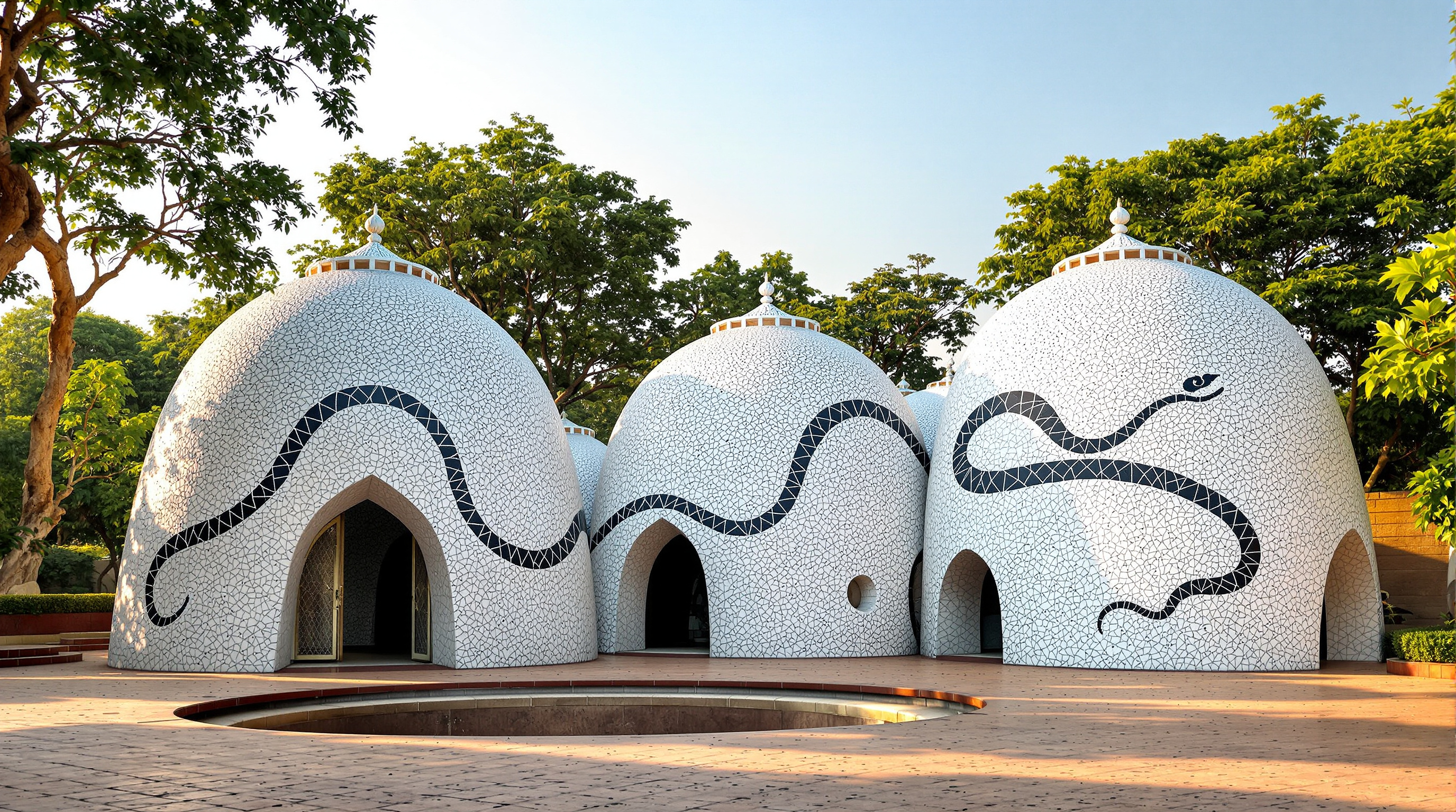 Exterior of Amdavad ni Gufa at ground level: a cluster of low white humped domes clad in a mosaic of broken ceramic crockery, a long black snake motif winding across their surfaces, set into a green garden beside trees, with people walking toward the sunken circular entrance under a bright Ahmedabad sky