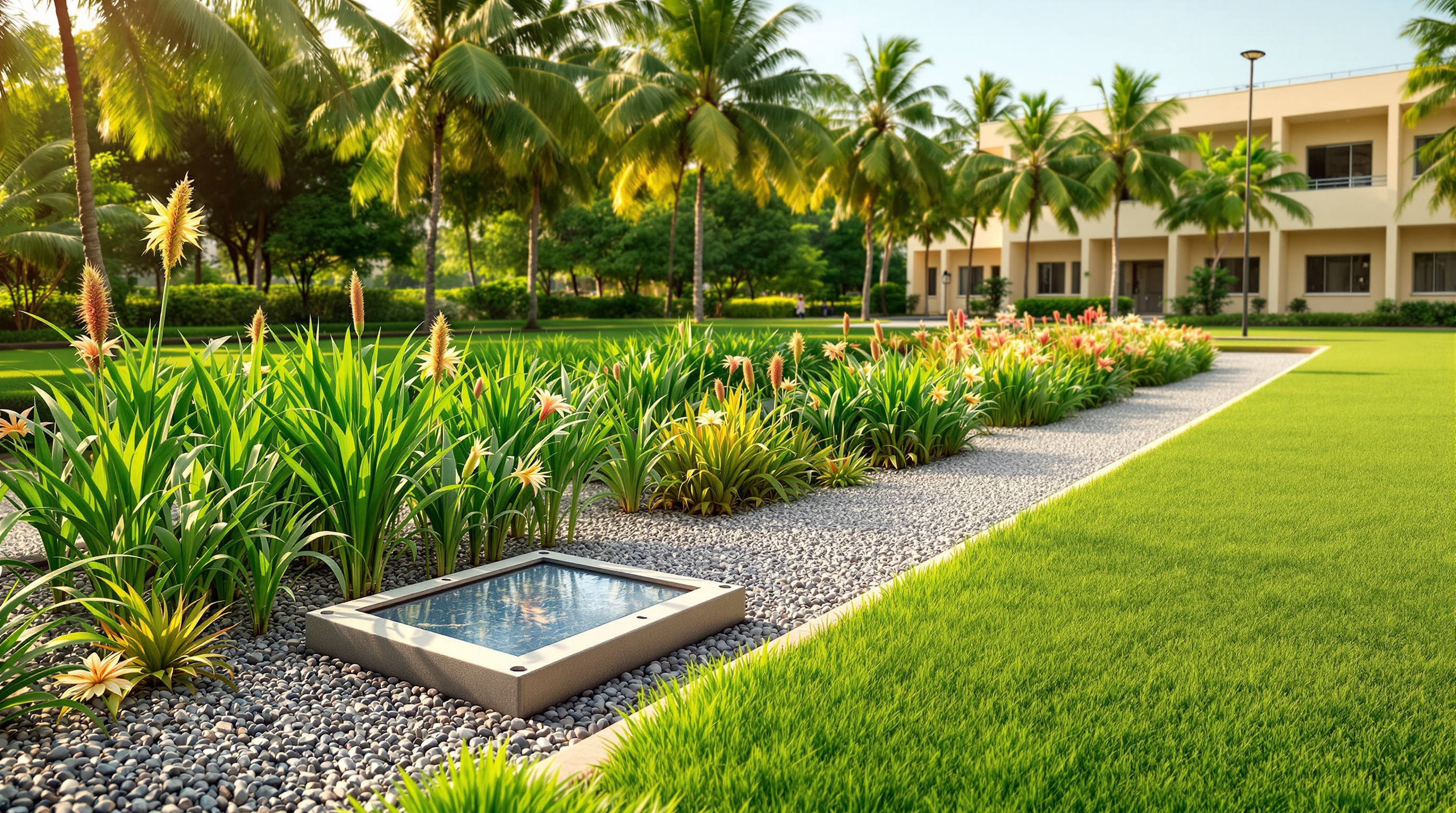 A planted gravel constructed wetland polishing effluent beside concrete access covers of a buried reactor at a decentralised sewage treatment system in India