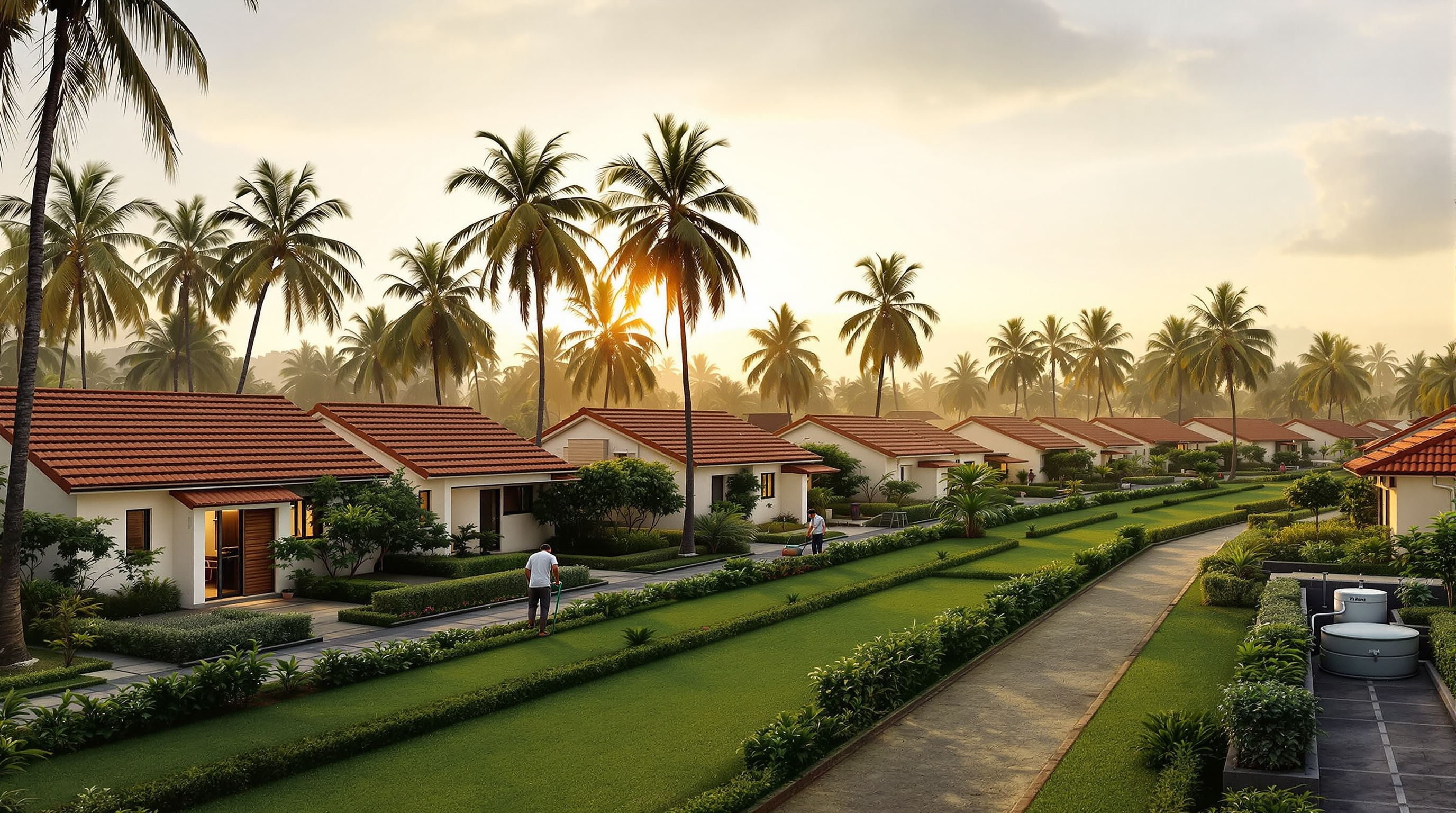 A peri-urban gated housing layout in India with landscaped greenery above a hidden underground treatment tank