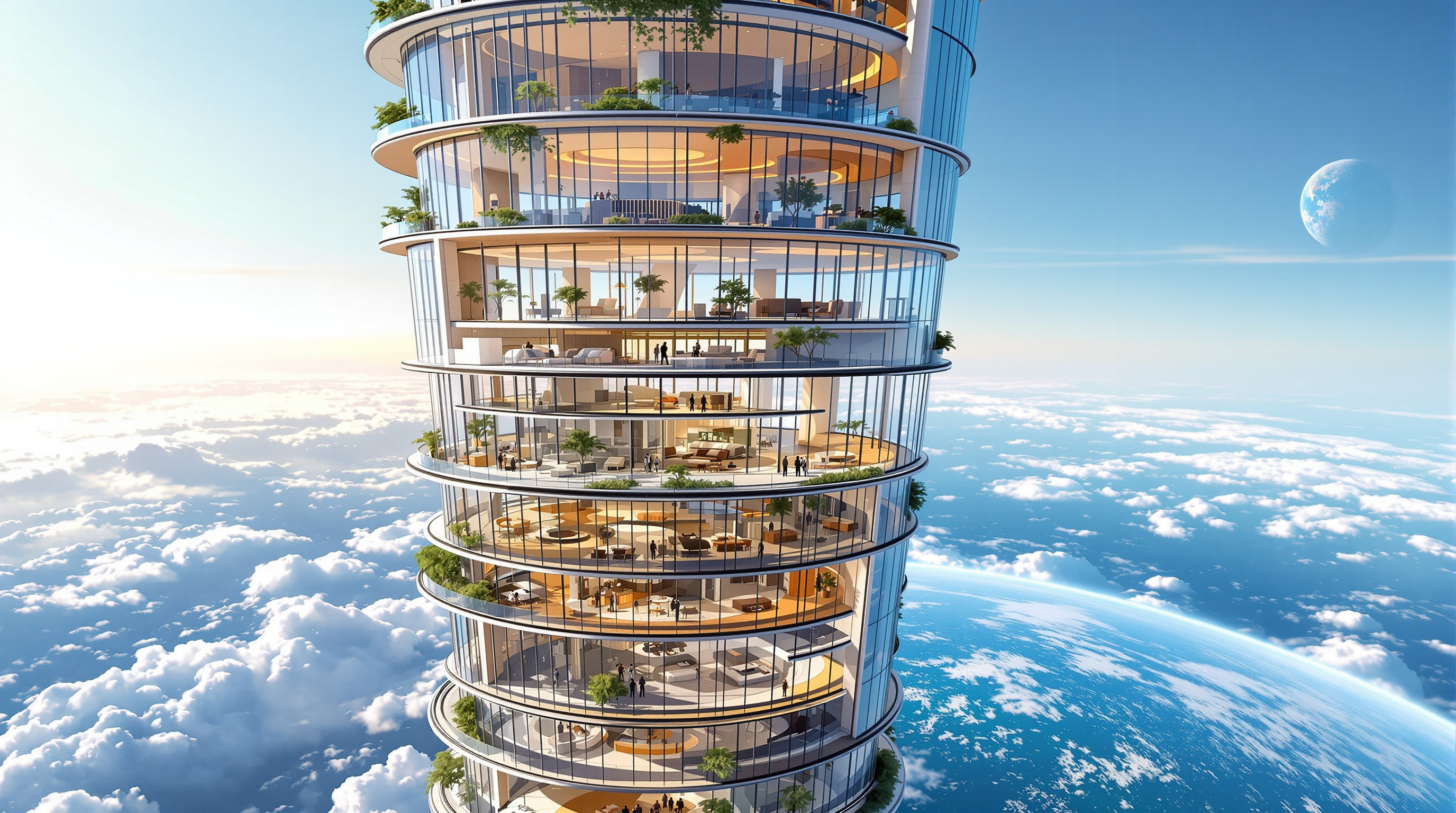 A cutaway illustration of the Analemma Tower's inhabited middle band: terraced sky gardens and glass-walled living decks stacked inside a slender tapering shell, residents small against the vast curved windows, a thin bright layer of atmosphere and the blue curve of the Earth visible far below through the glazing