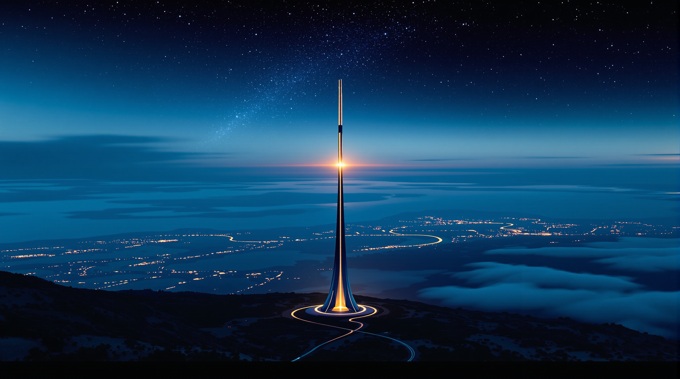 The Analemma Tower seen from a great distance at dawn, a hair-thin vertical line hanging from the sky over a curved horizon, its uppermost length catching gold sunlight while the land below is still in blue shadow, a faint figure-eight motion trail suggested against the stars